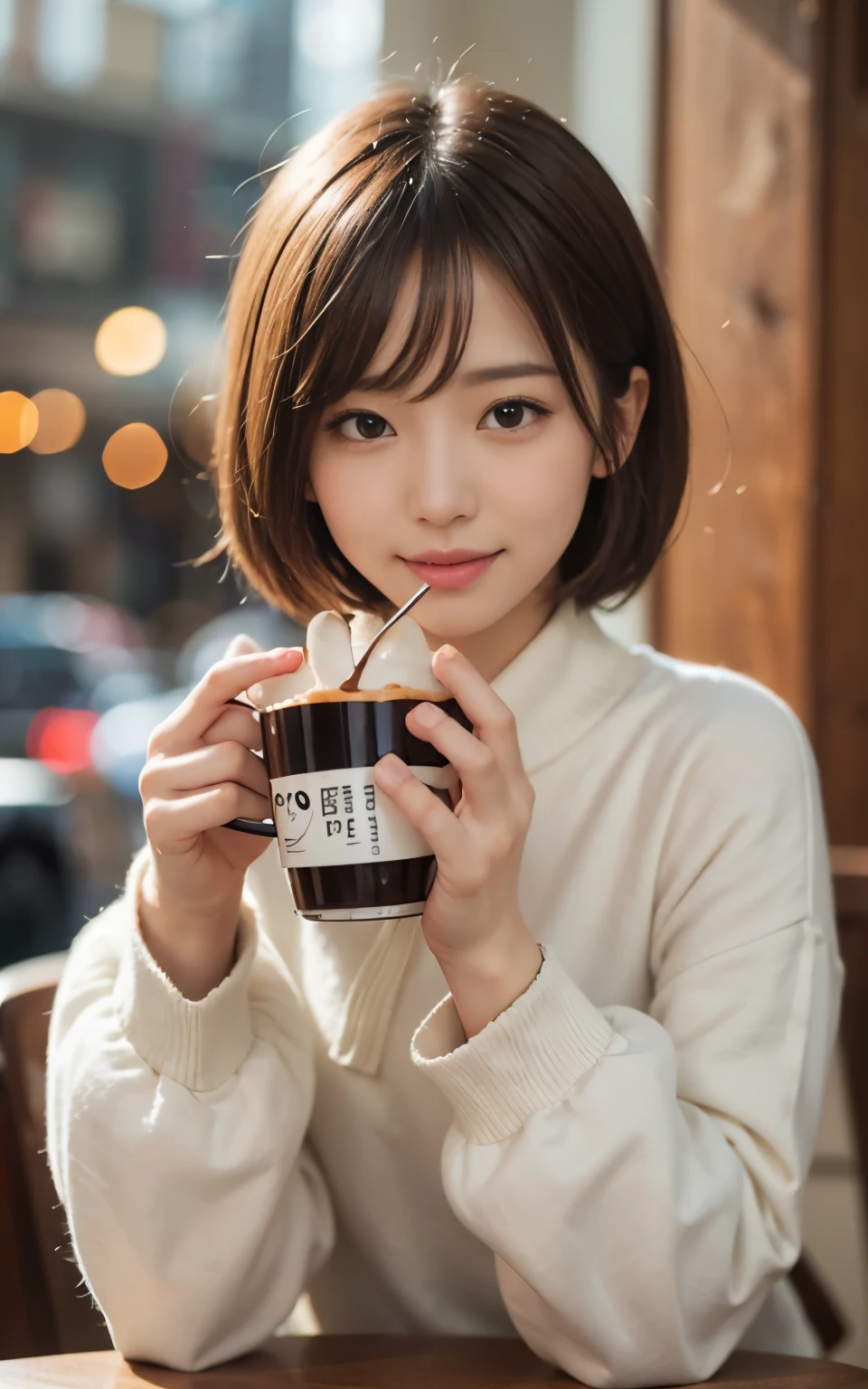 cute japanese 21 years old、Drink coffee in a café、nice cafe、her face is very thin、attention to detail、double eyelid、beautiful thin nose、sharp focus:1.2、Beautiful woman:1.4、(light brown hair、short hair、) 、pure white skin、highest quality、masterpiece、超High resolution、(Photoreal:1.4)、High resolution, professional lighting、nice smile、show your whole body、cute fall clothes、