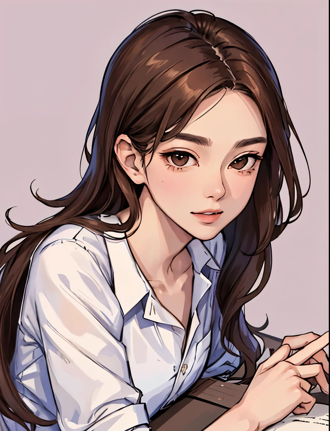 ((highest resolution)),((very delicate)),((very delicate線画)),One female,Upper body,looking at the viewer,beautiful face,detailed face,beautiful woman,brown hair,long hair,brown eyes,Light purple button shirt,Rolled up sleeves,skinny
