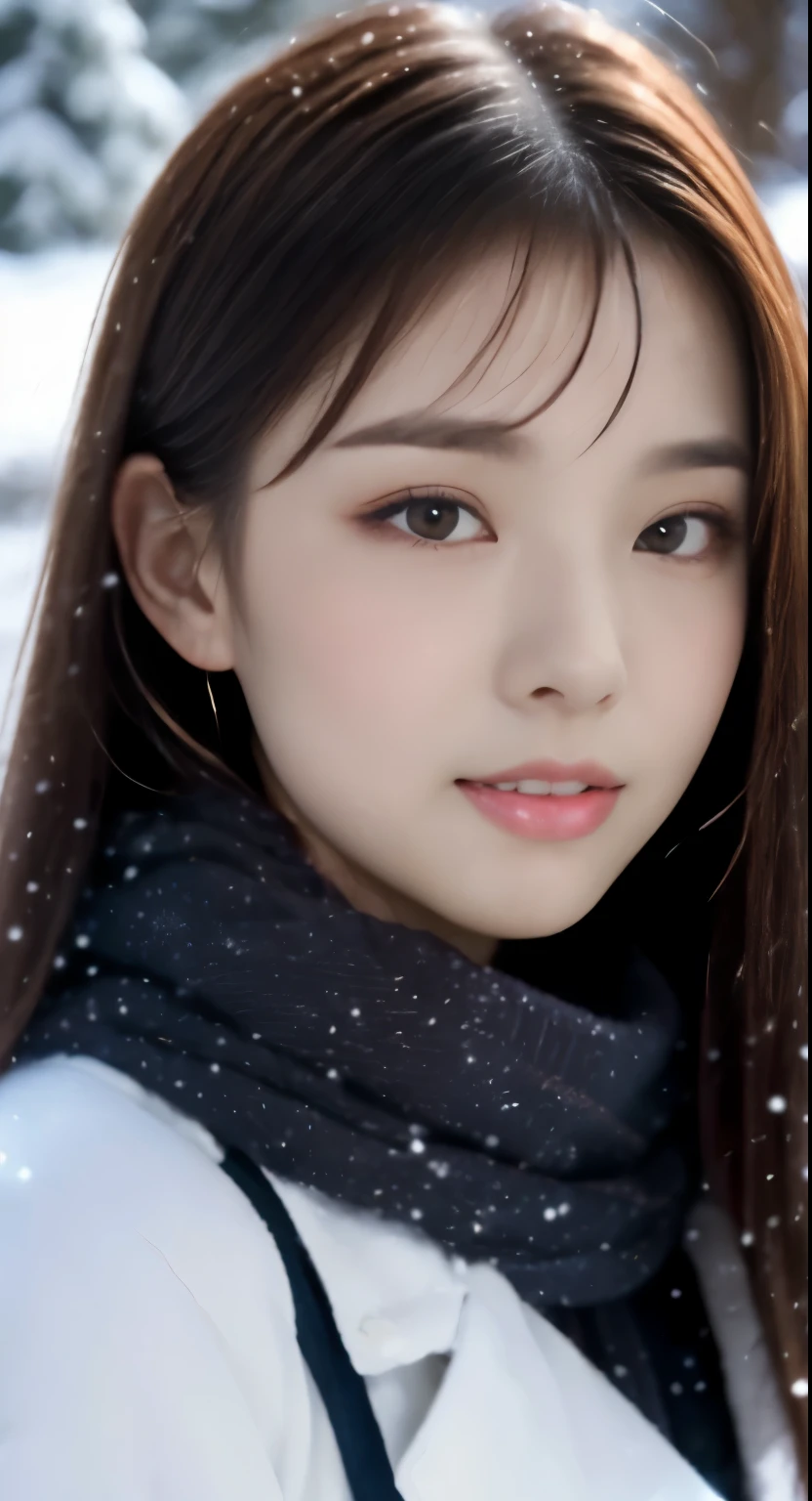 1 female, (close up of face:1.5), light brown hair, dull bangs, hair behind the ear, hair on shoulders, long hair, slender body shape, Extra-fine face, thin face, delicate lips, (beautiful eyes:1.5), light blush, eyes are light brown,watch here, extra thin hands, Super thin fingers, Optimal ratio of 4 fingers and 1 thumb, (realistic:1.3), white long coat, Scarf , gloves、Coniferous forest with heavy snowfall, It&#39;s snowing  .one person&#39;s perspective,  8K, table top,  Super detailed, high quality, 最high quality, High resolution,