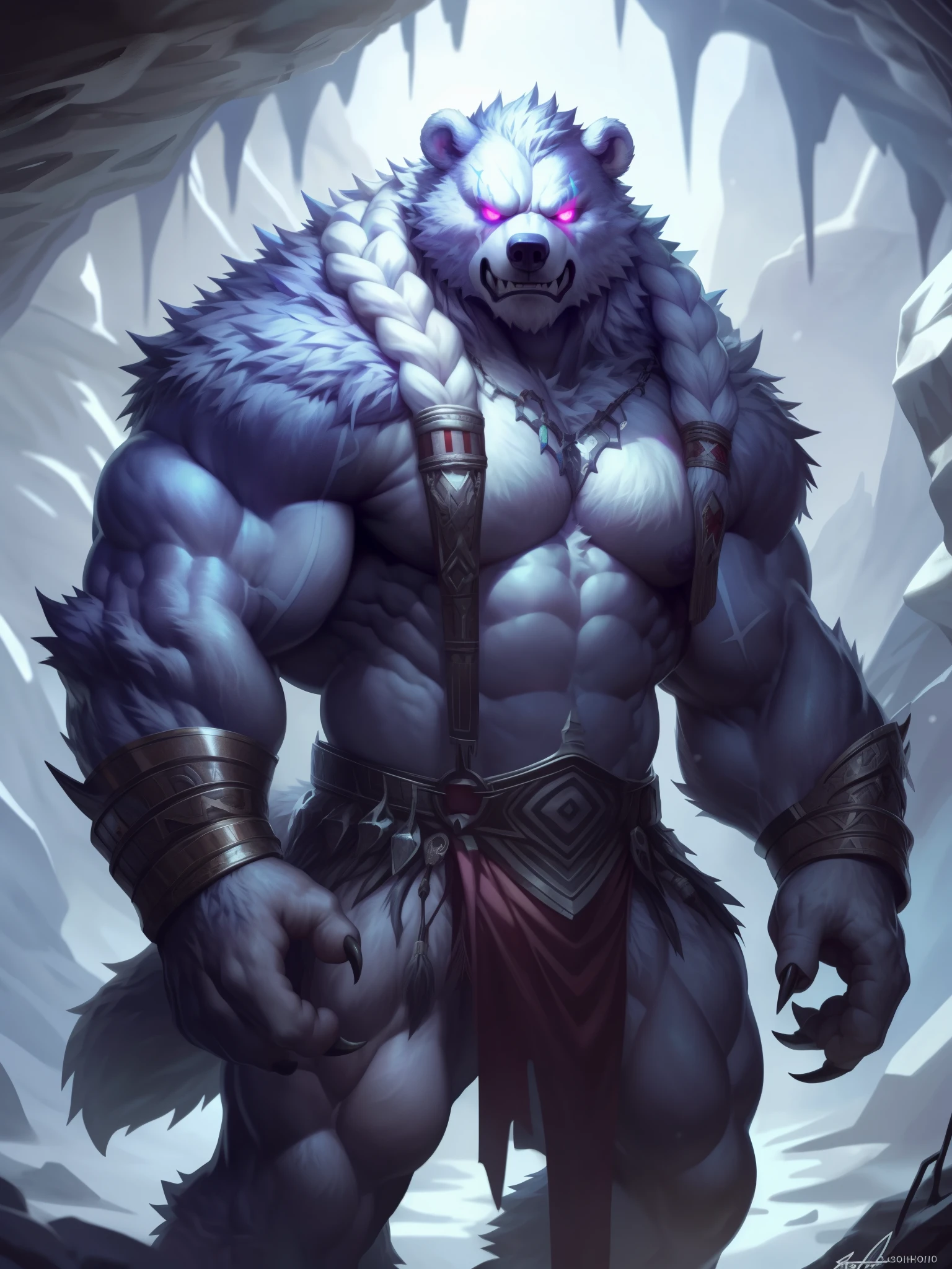 solo, anthro, furry, furry male, Bear, adult character, hulking frame, ((fluffy fur, furry body, fluffy, detailed muscles)), (Bear print), (demonic bear), with purple rune markings and white hair, inky body, white body, detailed body, detailed chest, horns, red glowing eyes, tail, detailed teeth, detailed face, detailed muscles, detailed face, mono-colored body, glowing tattoos, detailed eyes, padded armor, tribal wear, armor, barbarian attire, full body, claws, (cave), (by null-ghost,by raccoon21, masterpiece, high quality, hi-res,8k), standing,close-view portrait, looking at viewer, outdoor, aggressive, angry, raging, menace, detailed cavern, snow, Giant character, evil, powerful, corrupted, ((godly)), horror, powerful pose