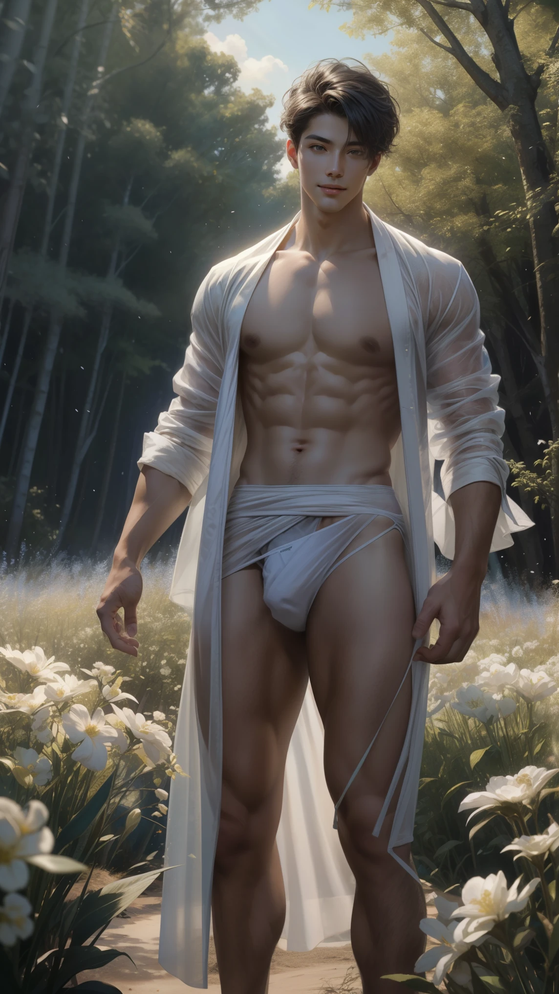 1 man, (male model) hot skin, masterpiece, best quality, most handsome man in the world, by Shen Quan, perfect body, beautiful male model, an attractive man 18-24 years old aesthetic, blossoms in spring, green fields, spring, plains, trees, flowers, blue sky, rough and handsome young man in white transparent robe, white transparent fabric, shirtless jacket shoulders, exposed chest muscles, exposed thighposed transparent white briefs)), (male focus), (smooth body)), smile, super cute, dynamic pose, cool and seductive, dramatic lighting, full body shot, full body shoot, young face, full body, body hairless, skinny tall, fit body, dominant, white or white skin, young face, firm body, hd, natural flesh tone, soft light, highly detailed, looking at the audience, photography, detailed skin, real person, realistic, photorealistic realistic, crazy detail, facial detail, hype maximization, hype surrealism, film, telephoto, lighting complex detail , Highly detailed, Highly detailed, Digital painting, artstation, concept art, smooth, sharp focus, illustration, Unreal Engine 5, 8K, art by Ross Tran and Greg Rutkowski and Alphonse Mucha, UHD, 8k, Show men only .8k Ultra HD, DSLR, dim lighting, high quality, film grain, Fujifilm XT3, male fan, 2-person, two-person model.