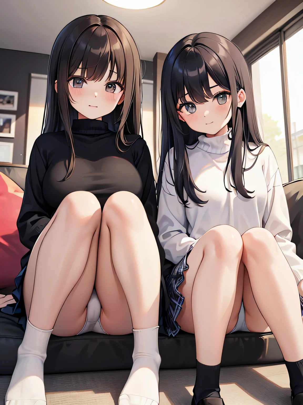 (1) Two sisters are sitting with their knees together on the sofa in the living room. My sister is pink from the gap between her skirt and thighs、My sister can see her light blue panties.
(2) My sister is a 17 year old high school student., Wearing a miniskirt uniform and socks.
(3) The older sister is a 23-year-old office lady.、She is wearing a turtleneck knit, a plaid skirt, and black socks.。.
(4) My younger sister has semi-long black hair..
(5) My sister has long brown hair.
(6) The two women have mischievous smiles on their faces..
(7) Both women's breasts are not that big..
(8) The location is the sofa in the living room of the apartment..