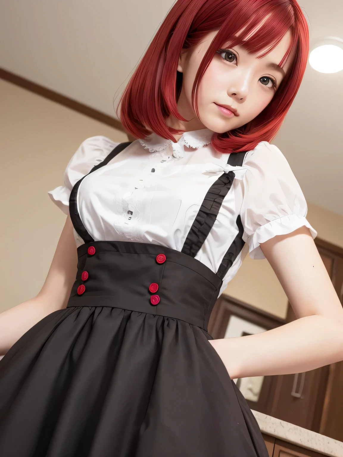 In maid clothes 、whole body、Photo taken from below、one beautiful maid、red hair long bob hair、hair ornaments、indoor