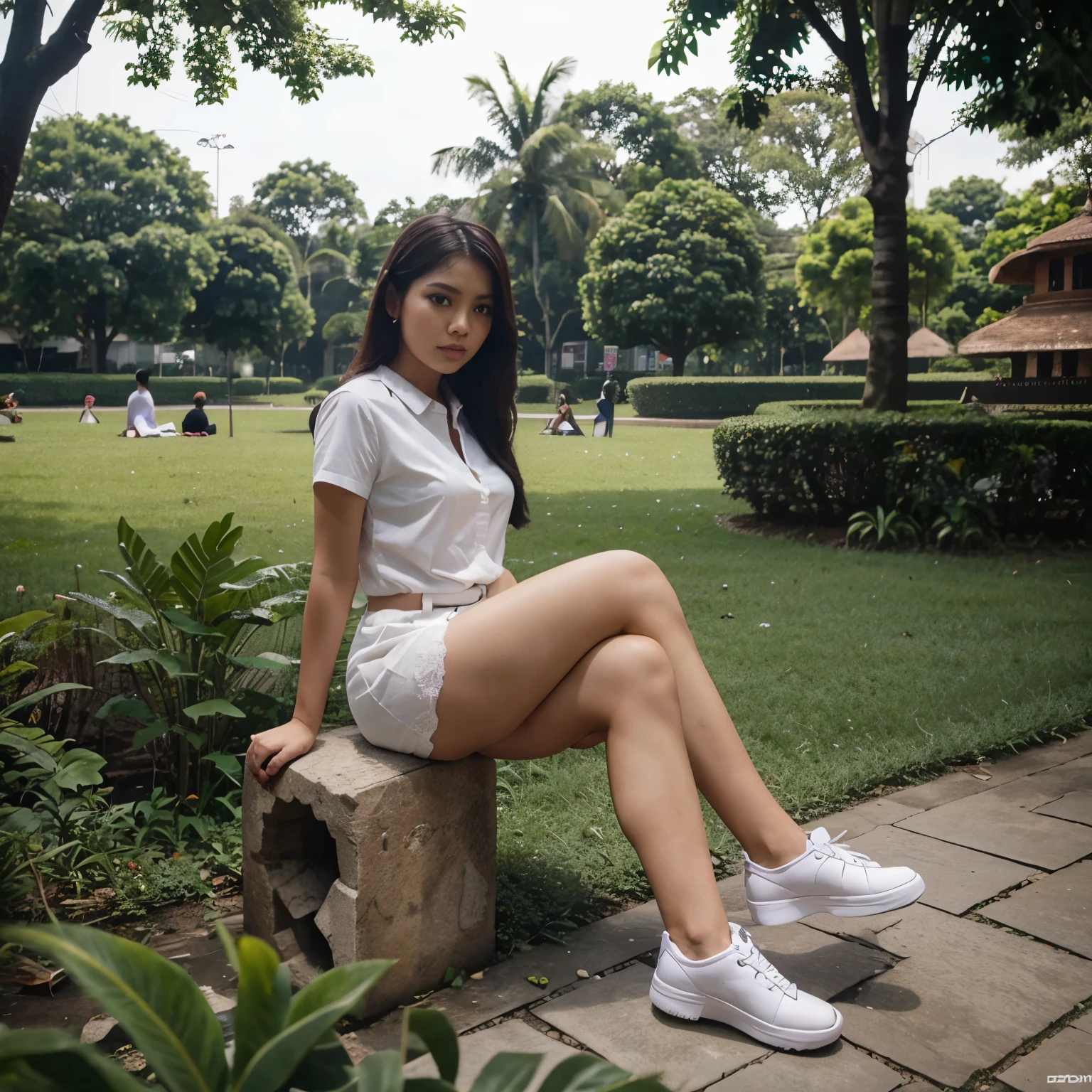 Wanita cantik yang sedang duduk di taman
