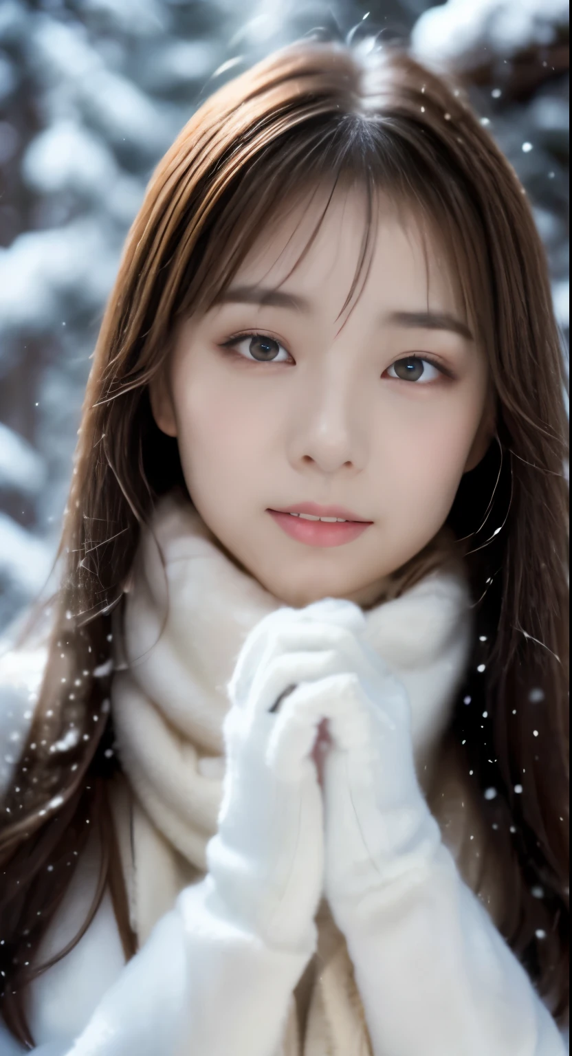 1 female, (close up of face:1.2), light brown hair, dull bangs, hair behind the ear, hair on shoulders, long hair, slender body shape, Extra-fine face, thin face, delicate lips, (beautiful eyes:1.5), light blush, eyes are light brown,watch here, extra thin hands, Super thin fingers, Optimal ratio of 4 fingers and 1 thumb, (realistic:1.3), white long coat, Scarf , gloves、Coniferous forest with heavy snowfall, It&#39;s snowing  .one person&#39;s perspective,  8K, table top, nffsw, Super detailed, high quality, 最high quality, High resolution,