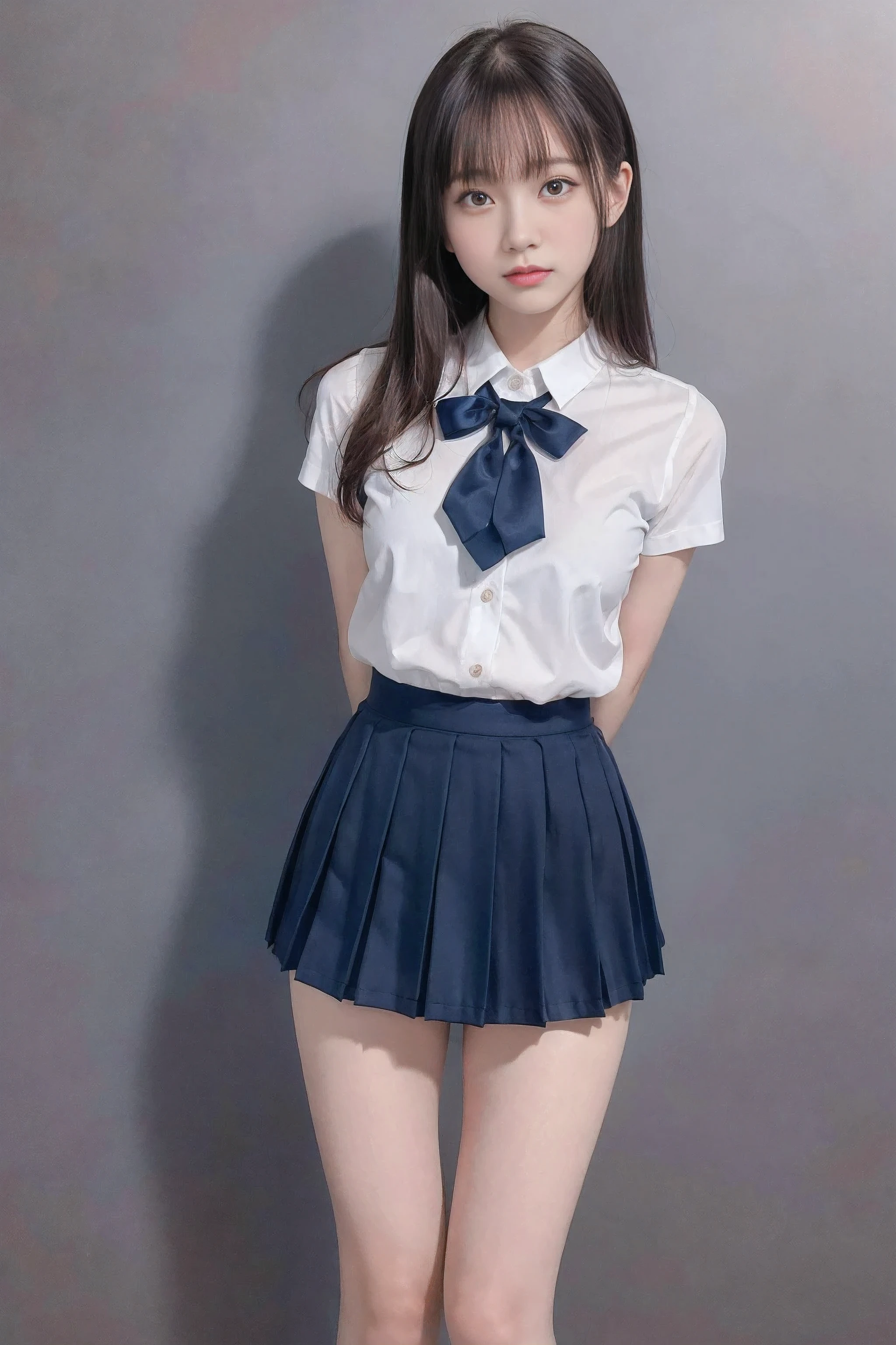 (8 times_NMKD-Super Scale_150000_G),(8K, Super high quality,highest quality),(masterpiece:1.5),(Front-facing body),(girl),(************),(turn your arms behind your back:1.5),((Blue Neck Ribbon), (white shirt), (Navy blue pleated mini skirt), (navy high socks)),Beautiful Girl Student