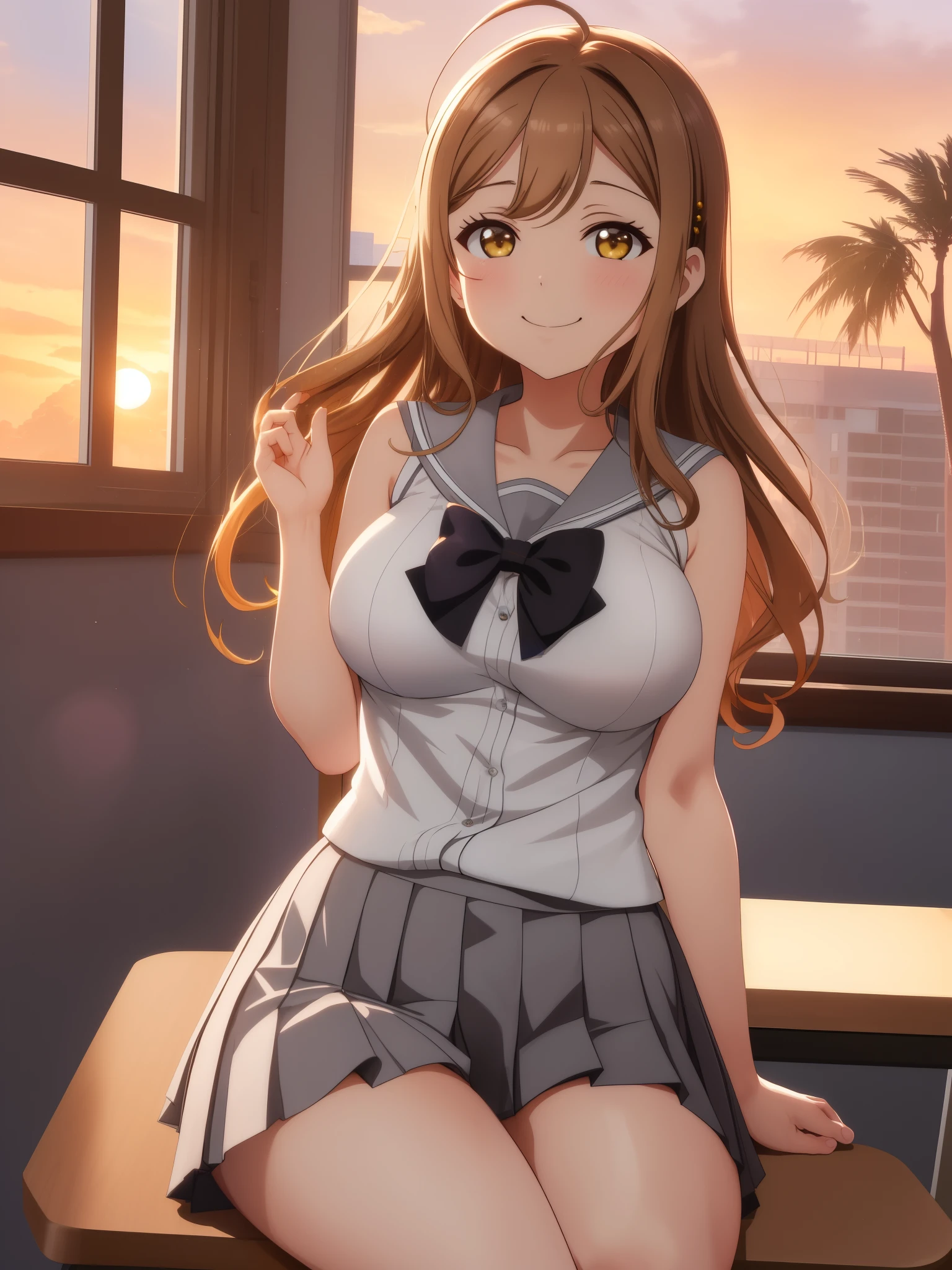 masterpiece, best quality, (kunikida hanamaru), (long hair:0.888), playful pose,sailor top, gray pleated skirt, thicc thighs , sitting on the window, sunset time, ahoge smile, sleeveless, cowboy shot, hair ornamen ,big breast,in class