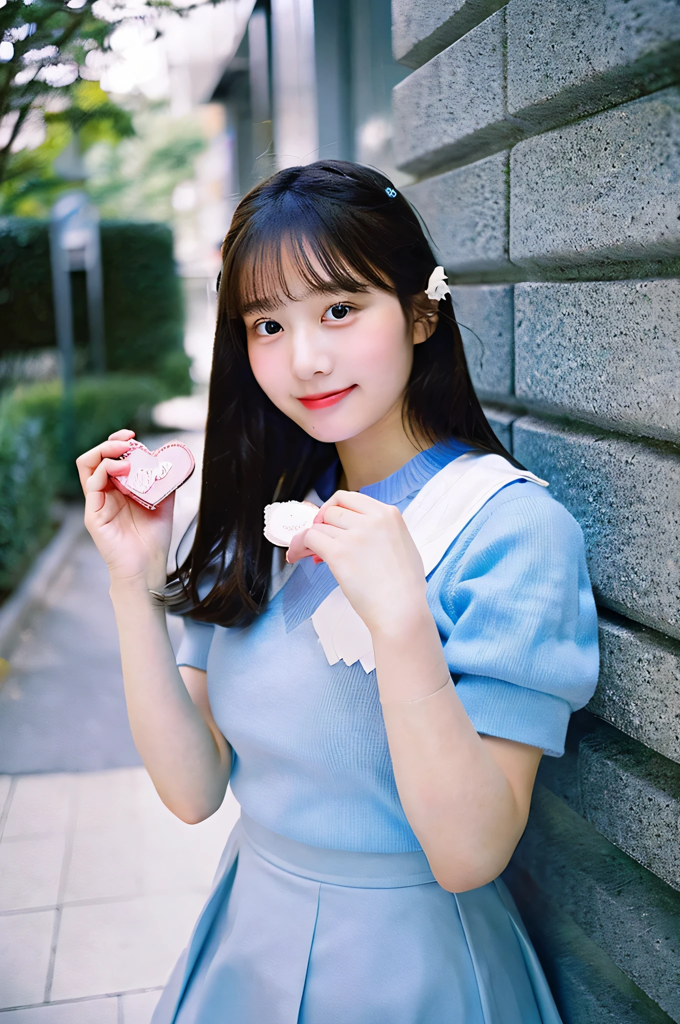 An 18-year-old high school girl wearing a light blue miniskirt and a white shirt..、holding valentine chocolate in both hands。