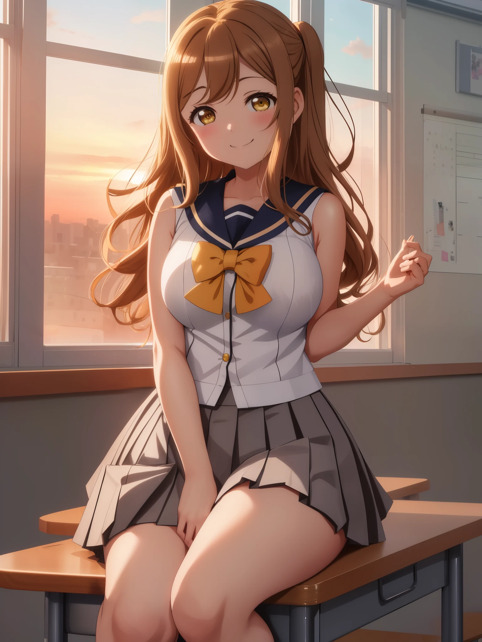 masterpiece, best quality, (kunikida hanamaru), (long hair:0.888), playful pose,sailor top, gray pleated skirt, thicc thighs , sitting on the window, sunset time, ahoge smile, sleeveless, cowboy shot, hair ornamen ,big breast,in class