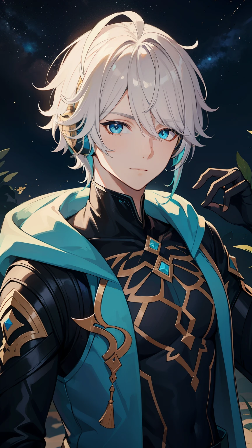 (high-quality, breathtaking),(expressive eyes, perfect face) 1boy, male, solo, young adult, short hair length, blue eye color, white hair, multicolored hair, blonde streaks in hair, blue streaks in hair,blue highlights in hair, black sleeveless shirt, thick jacket, black gloves, warm smile, night time background, starry night, nature background, headphones, Alhaitham character, Alhaitham Genshin Impact, heart emoji, God of Stars
