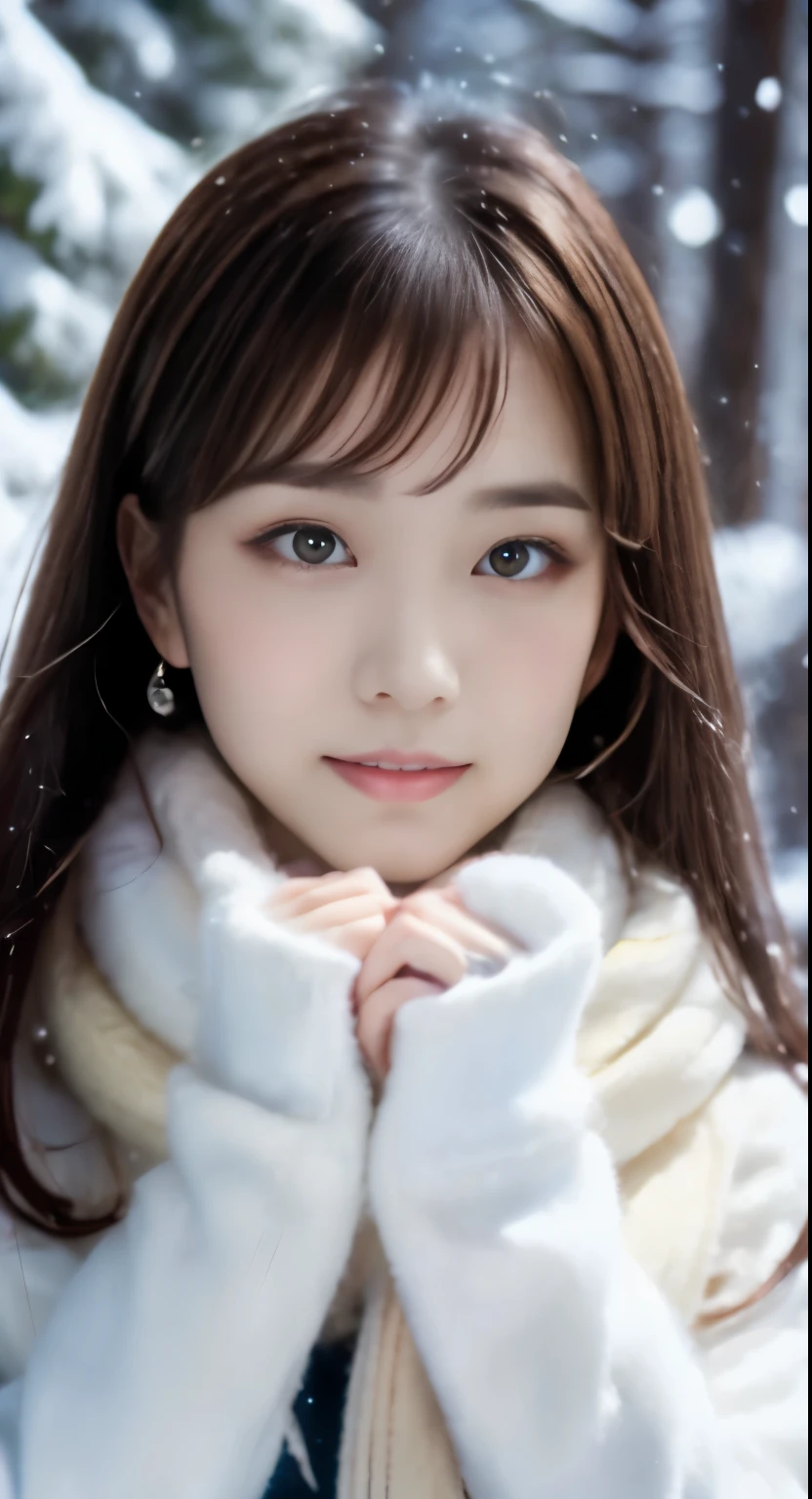 1 female, (close up of face:1.2), light brown hair, dull bangs, hair behind the ear, hair on shoulders, long hair, slender body shape, Extra-fine face, thin face, delicate lips, (beautiful eyes:1.5), light blush, eyes are light brown,watch here, extra thin hands, Super thin fingers, Optimal ratio of 4 fingers and 1 thumb, (realistic:1.3), white long coat, Scarf , gloves、Coniferous forest with heavy snowfall, It&#39;s snowing  .one person&#39;s perspective,  8K, table top, nffsw, Super detailed, high quality, 最high quality, High resolution,