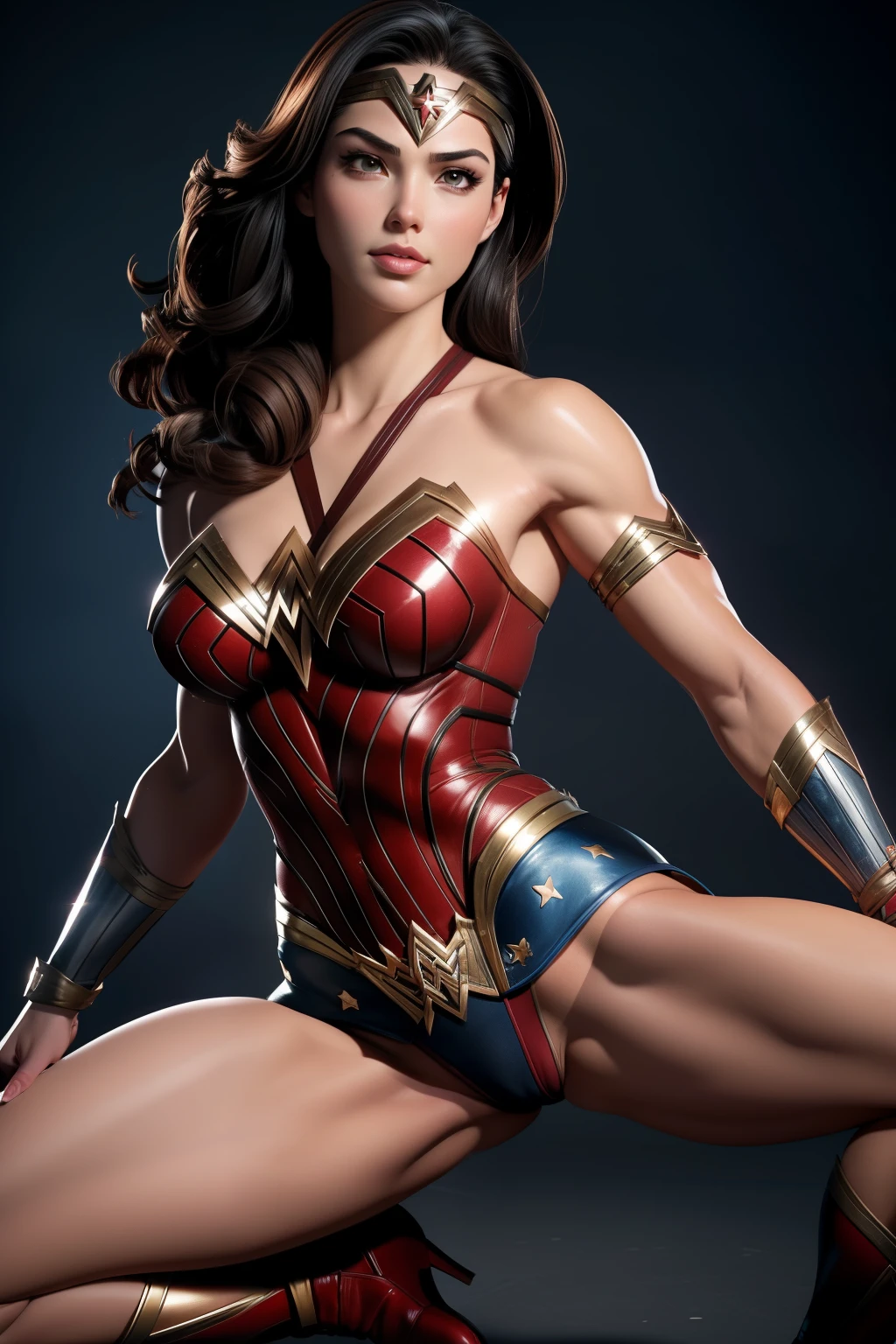 Sexy Wonder Woman as a bondage slave portrait photography by artgerm, in the style of realism, glistening skin, cartooncore, mangacore, natural lighting, Defined full lips. Muscular fitness feminine body, legs spread apart.