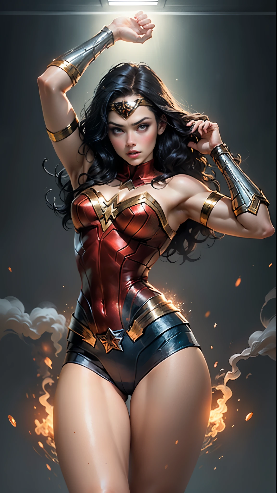 "((better quality, better lighting)), beautiful Wonder Woman with athletic body, big and highlighted breasts, dynamic pose, colorful background, high saturation, vibrant lights, very long blue hair."