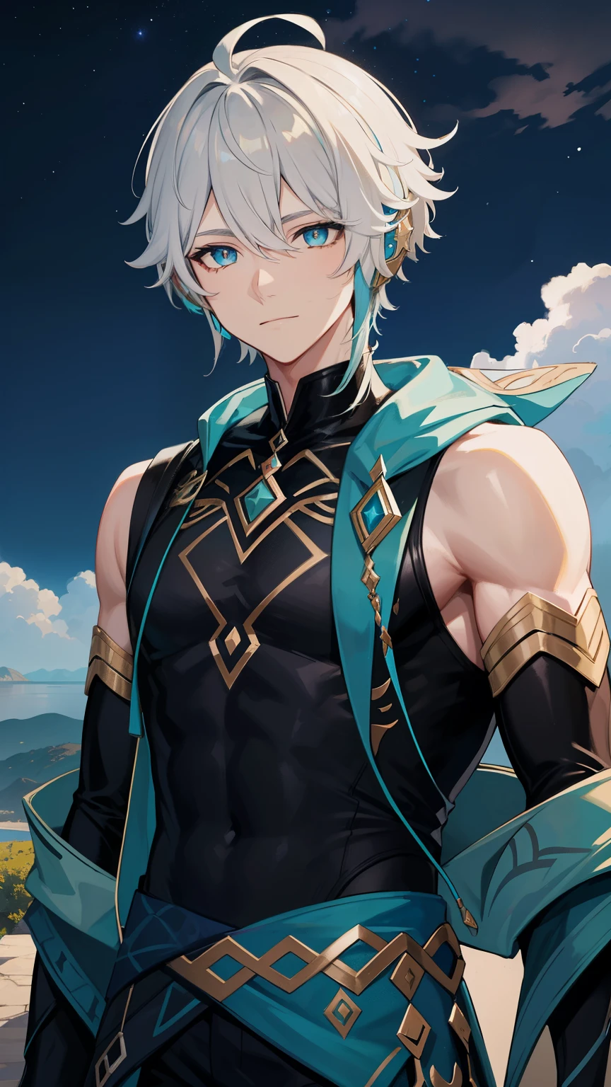 (high-quality, breathtaking),(expressive eyes, perfect face) 1boy, male, solo, young adult, short hair length, blue eye color, white hair, multicolored hair, blonde streaks in hair, blue streaks in hair,blue highlights in hair, black sleeveless shirt, thick jacket, black gloves, warm smile, night time background, starry night, nature background, headphones, Alhaitham character, Alhaitham Genshin Impact, heart emoji, God of Stars