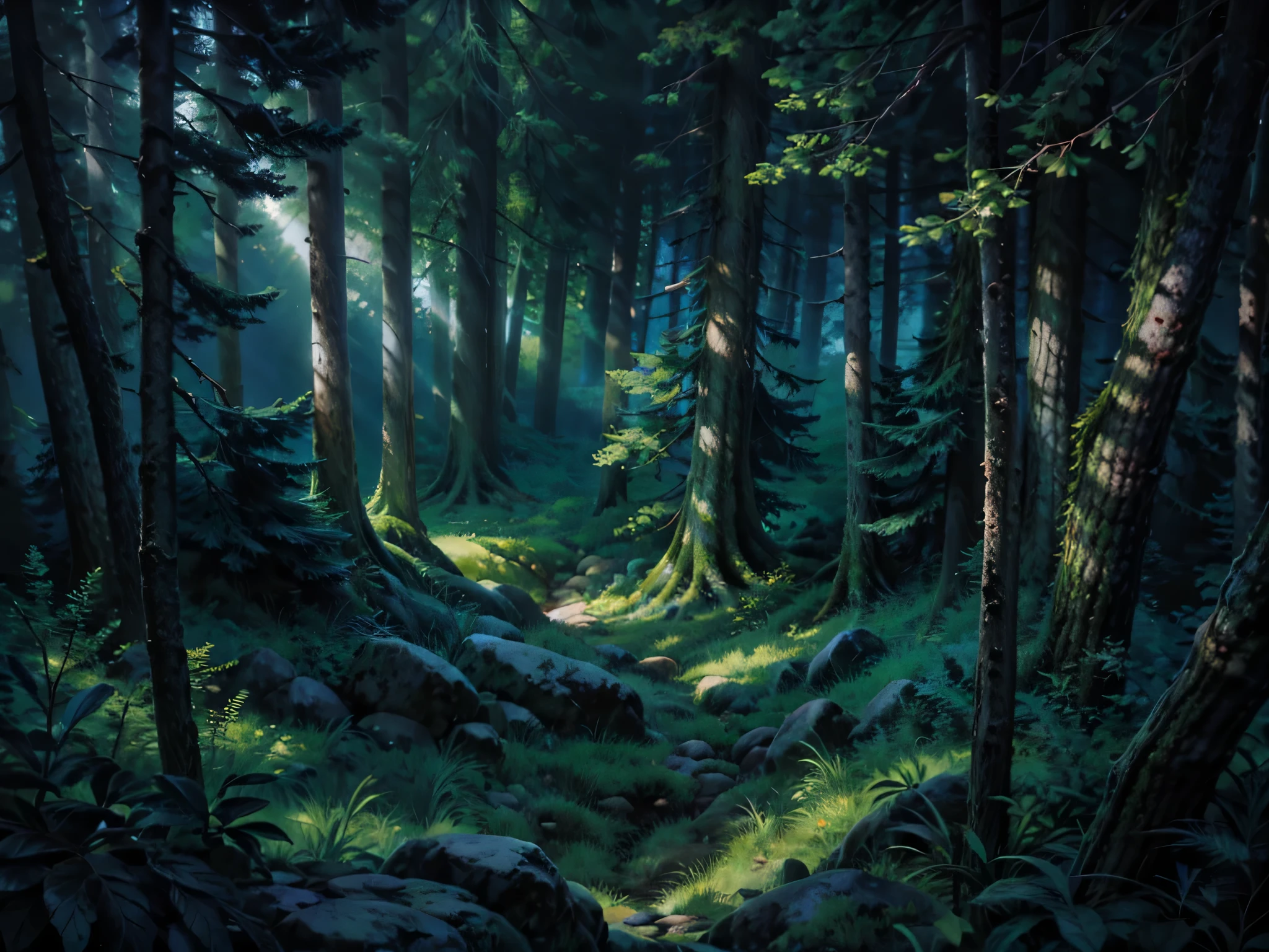 anime, masterpiece, best quality, by professional artist, dark forest, overhead view, nature, woods, horror, magic, fantasy