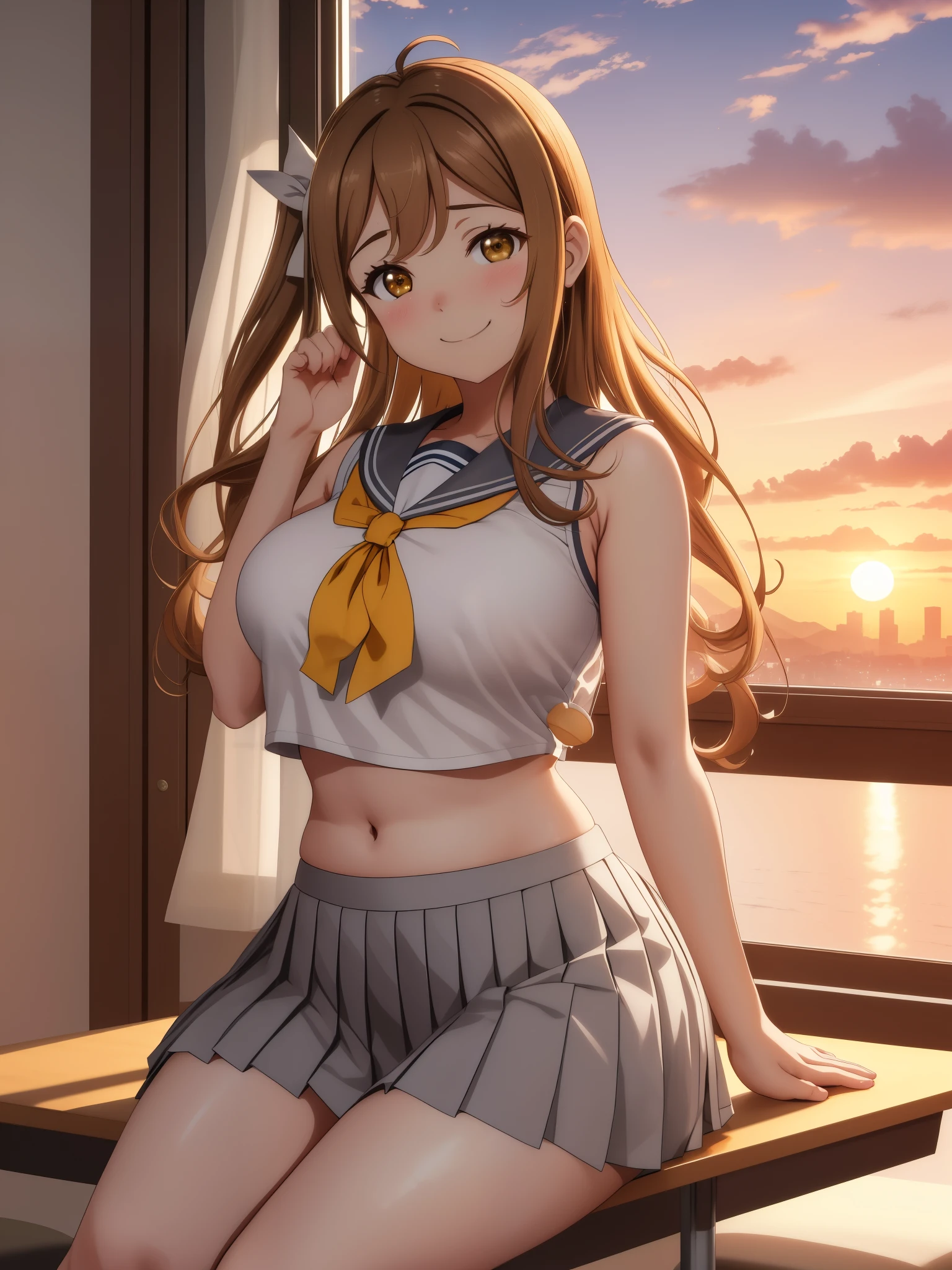 masterpiece, best quality, (kunikida hanamaru), (long hair:0.888), playful pose,sailor top, gray low small pleated skirt,navel, thicc thighs , sitting on the window, sunset time, ahoge smile, sleeveless, cowboy shot, hair ornamen ,big breast,in class