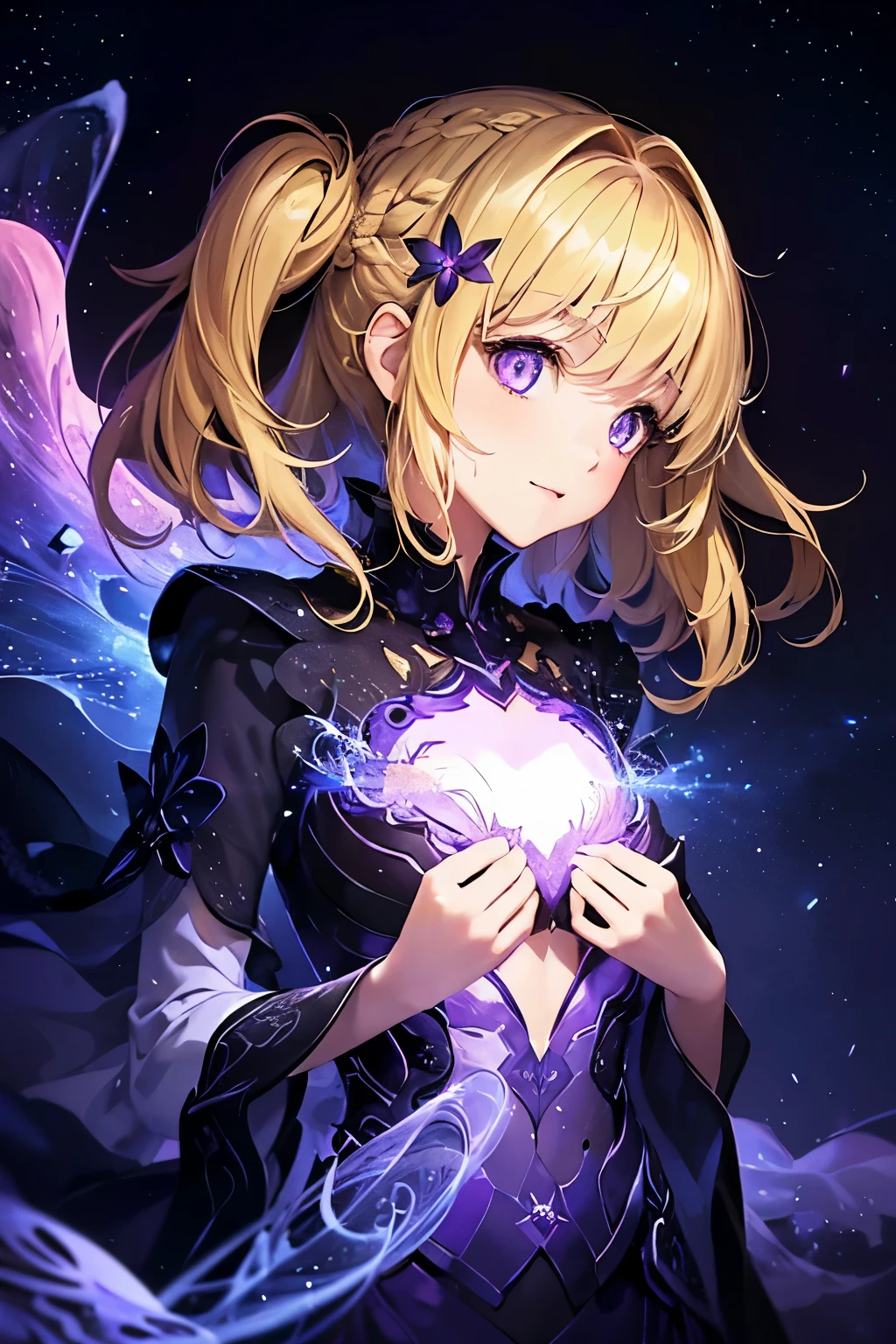 1girl,sense of deps,disorganized,catch light,Super beautiful illustrations,((beautiful blonde,Two Side Up Hairstyles:1.3)),((Beautiful purple eyes:1.2)),;D,beautiful and delicate flowing hair,emphasized chest,night sky,Meteors
