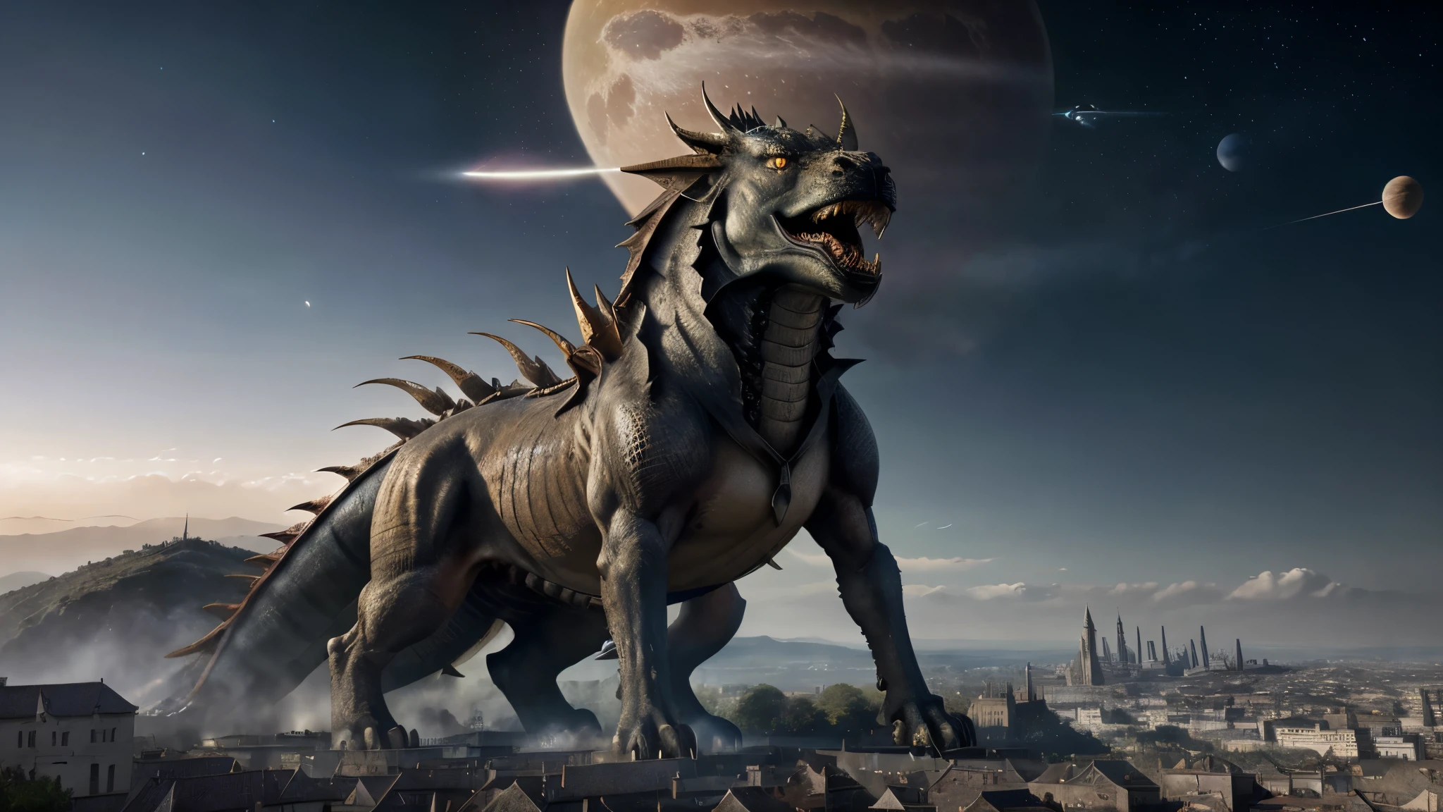 (8k, ARTISTIC photography, best quality, masterpiece: 1.2) ((best quality)), Nijistyle, medium shot, dragon with fire coming out of mouth, towers over castle, the art and science of designing built environments, serves as a powerful predictor of health within isekai society. Its influence extends beyond aesthetics and functionality, surrounded by village, shaping various aspects of our lives, planets visible in the atmosphere, including economic stability, dragons flying around, define this idea with imagery. do not show text. create an appealing image typical of those shown on the front page of a world renowned magazine., each with unique architecture and culture, beauty light, Glitchart, 64K, high detail