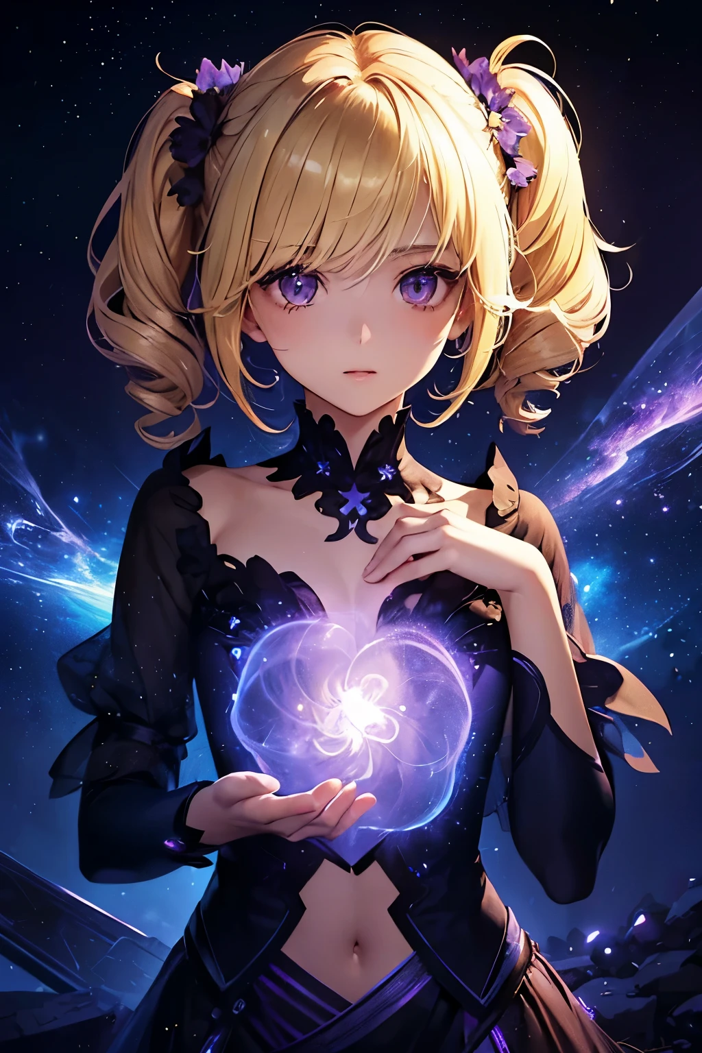 1girl,sense of deps,disorganized,catch light,Super beautiful illustrations,((beautiful blonde,Two Side Up Hairstyles:1.3)),((Beautiful purple eyes:1.2)),;D,beautiful and delicate flowing hair,emphasized chest,night sky,Meteors