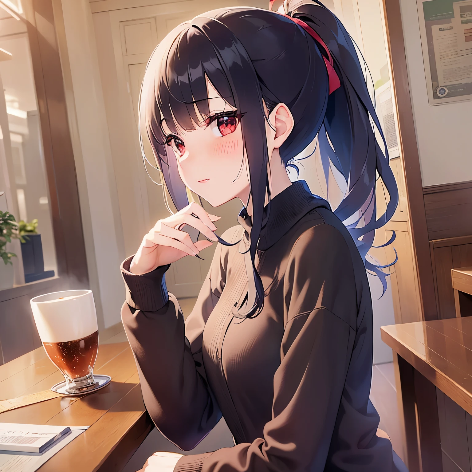 front view, high quality、masterpiece、Upper Body, shiny skin, japanese idol、shiny hair、Mature、(25 year old woman with black bangs) and (ponytail) and (red eyes), Wearing a plain red shirt with long sleeves, smiling, (blush:1.5), The background is inside a café、Sitting at the table