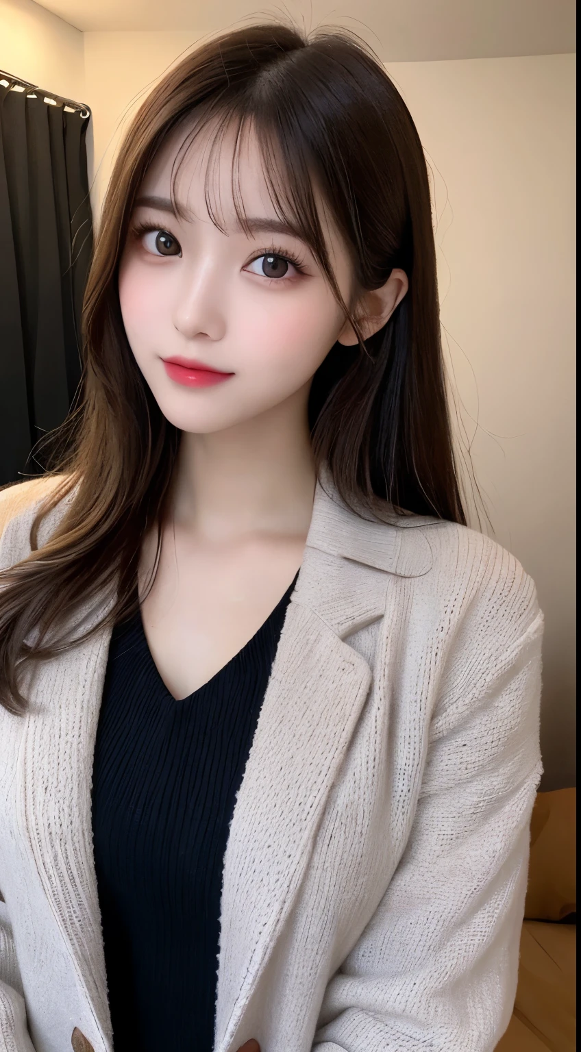 table top, highest quality, shape, Super detailed, finely, High resolution, 8k wallpaper, 完璧なダイナミックな構shape, beautiful and detailed eyes, black knit dress, small breasts, natural color lip,gentle smile,20 year old girl、beautiful and detailed face、perfect and beautiful face,Big eyes、beautiful detailed face、perfect and beautiful double eyelids、blur the background、perfect and beautiful face、Feminine poses、blur background、slim face and style、blur background、straight hair、Wear a luxurious mink coat、The background is a futon（Bedroom）