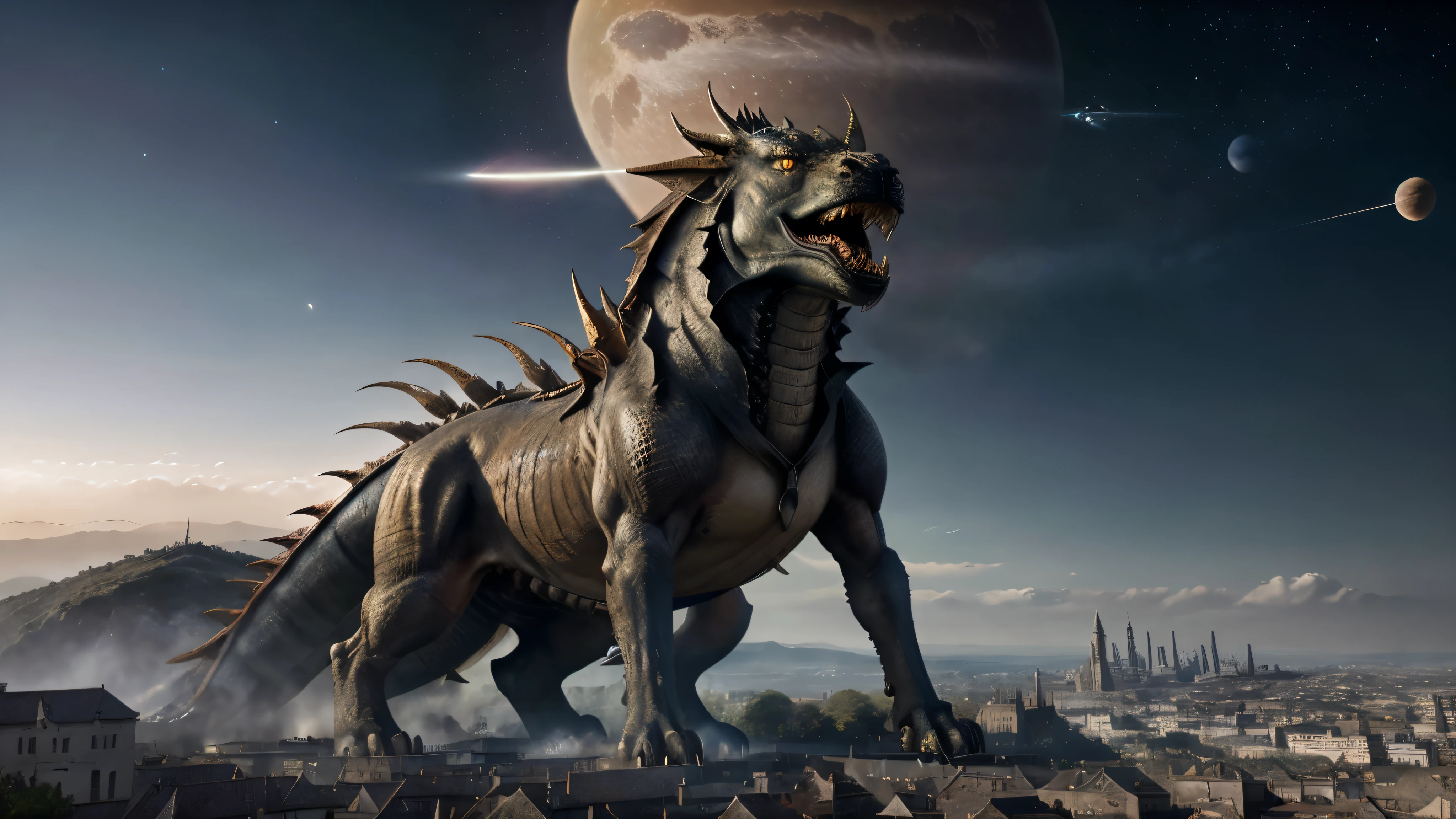 (8k, ARTISTIC photography, best quality, masterpiece: 1.2) ((best quality)), Nijistyle, medium shot, dragon with fire coming out of mouth, towers over castle, the art and science of designing built environments, serves as a powerful predictor of health within isekai society. Its influence extends beyond aesthetics and functionality, surrounded by village, shaping various aspects of our lives, planets visible in the atmosphere, including economic stability, dragons flying around, define this idea with imagery. do not show text. create an appealing image typical of those shown on the front page of a world renowned magazine., each with unique architecture and culture, beauty light, Glitchart, 64K, high detail