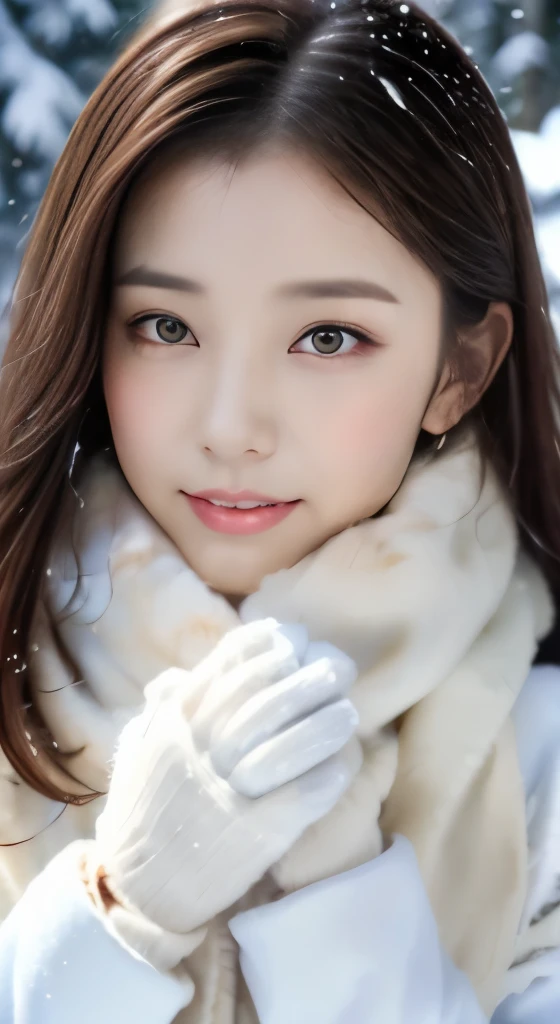 1 female, (close up of face:1.1), light brown hair, dull bangs, hair behind the ear, hair on shoulders, long hair, slender body shape, Extra-fine face, thin face, delicate lips, (beautiful eyes:1.5), light blush, eyes are light brown,watch here, extra thin hands, Super thin fingers, Optimal ratio of 4 fingers and 1 thumb, (realistic:1.3), white long coat, Scarf , gloves、Coniferous forest with heavy snowfall, It&#39;s snowing  .one person&#39;s perspective,  8K, table top, nffsw, Super detailed, high quality, 最high quality, High resolution,