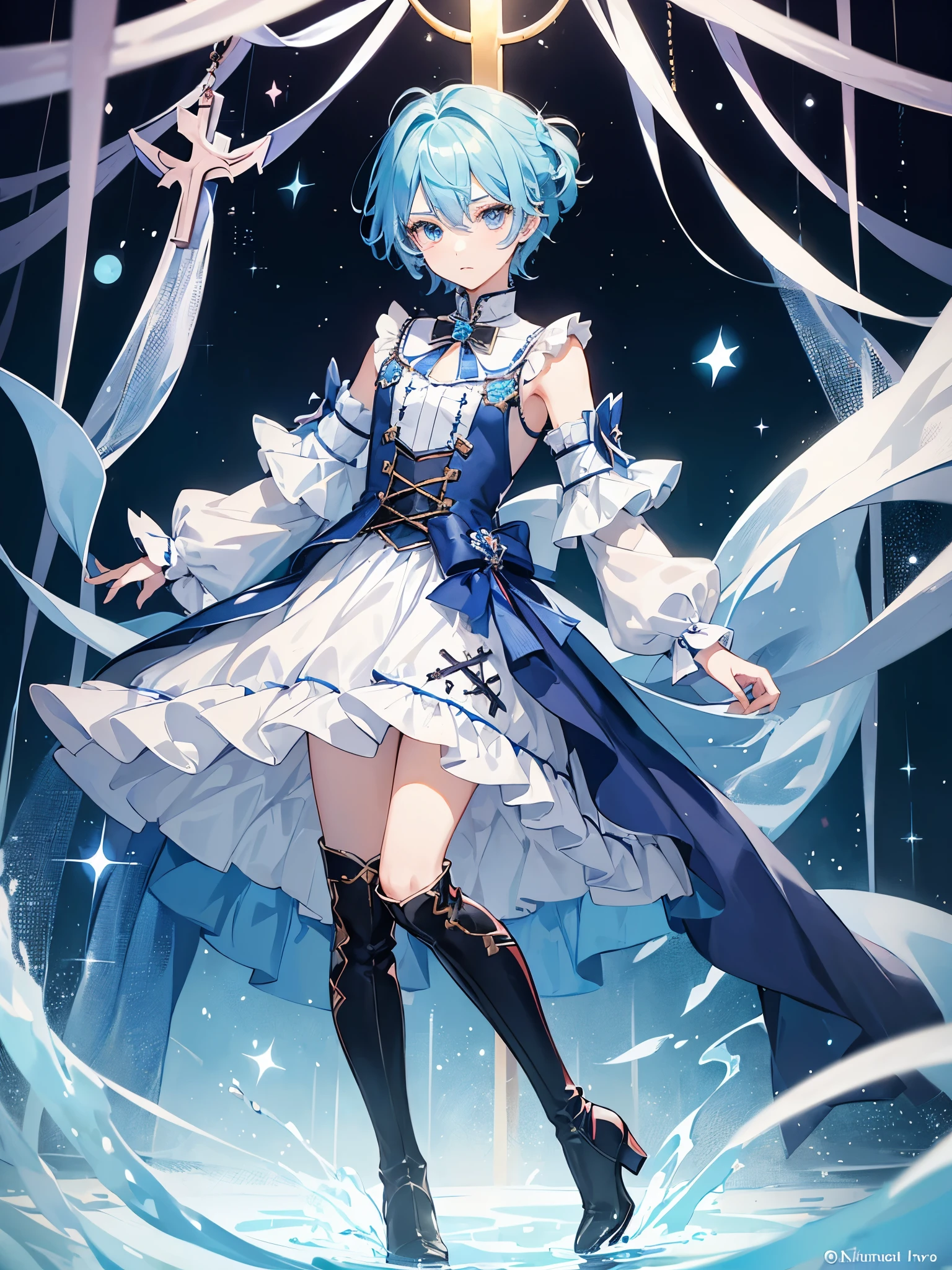 ((a boy)), powder blue hair, scarlet color eyes, ((idol clothes)), ((Cross-dressing)), long boots, ((Beautiful boy)), ((individual)), ((dress))