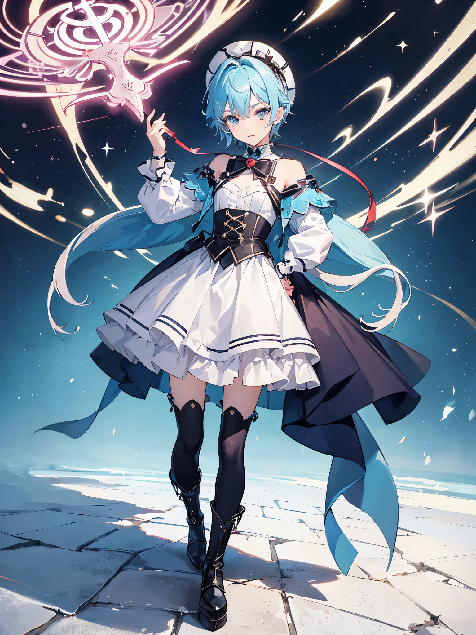 ((a boy)), powder blue hair, scarlet color eyes, ((idol clothes)), ((Cross-dressing)), long boots, ((Beautiful boy)), ((individual)), ((dress))