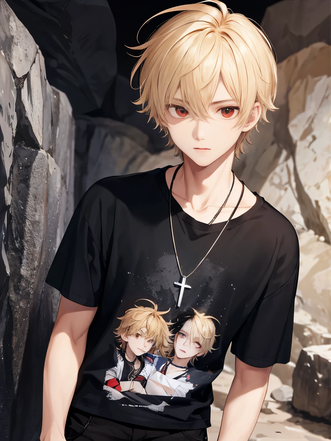 1 boy,18 years old,cross necklace,In the cave,,handsome,messy hair,Perfect face, detailed face, short hair, blonde hair,close up photo,black t-shirt, short sleeve t-shirt,black trousers, red eyes, vampire