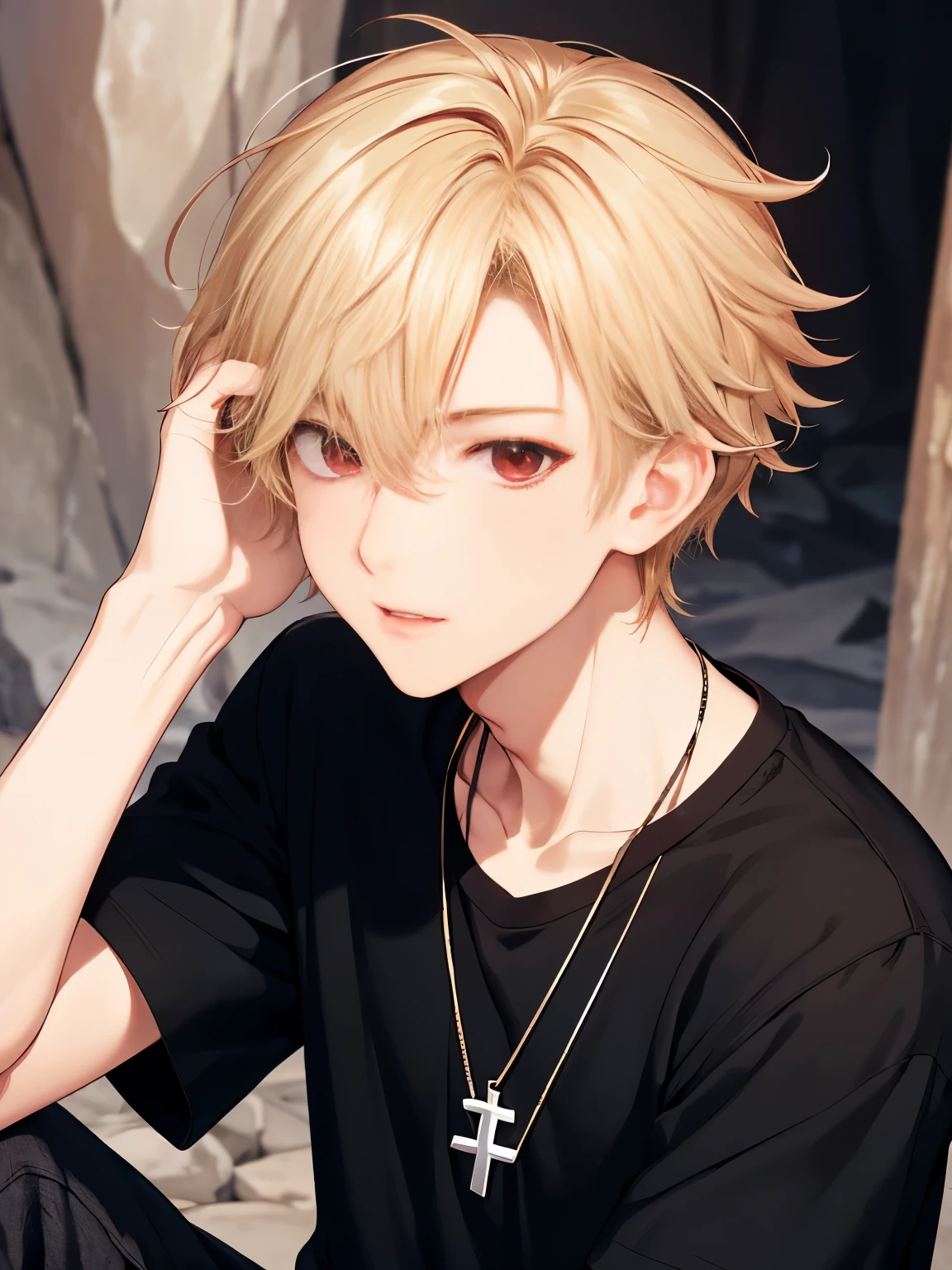 1 boy,18 years old,cross necklace,In the cave,,handsome,messy hair,Perfect face, detailed face, short hair, blonde hair,close up photo,black t-shirt, short sleeve t-shirt,black trousers, red eyes, vampire