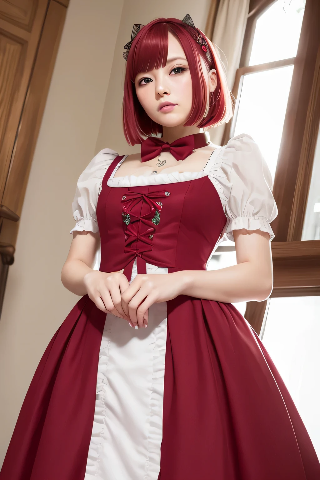 In maid clothes 、whole body、Photo taken from below、one beautiful maid、red hair long bob hair、hair ornaments、indoor