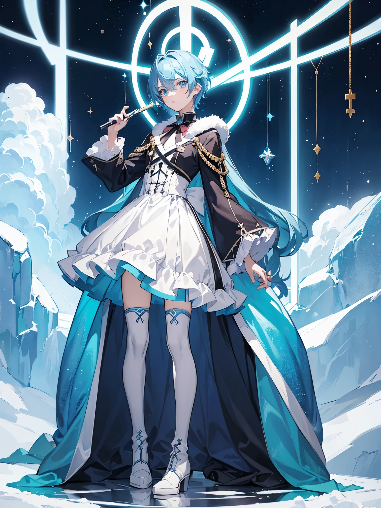 ((a boy)), powder blue hair, scarlet color eyes, ((idol clothes)), ((Cross-dressing)), long boots, ((Beautiful boy)), ((individual)), ((dress))