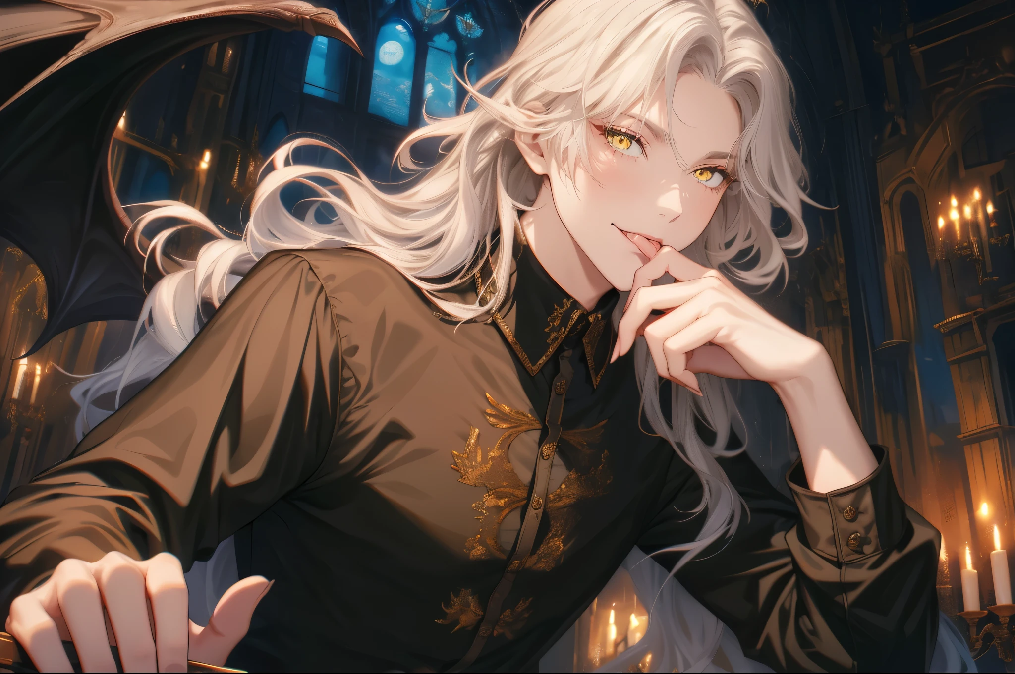 Japanese animation,Beautiful young man, white hair, yellow eyes, long hair, hair arrangement, slit sharp eyes, frilly stand-up collar, black thin ribbons, Tongue licking, put your hand on your chin, gothic palace in the background