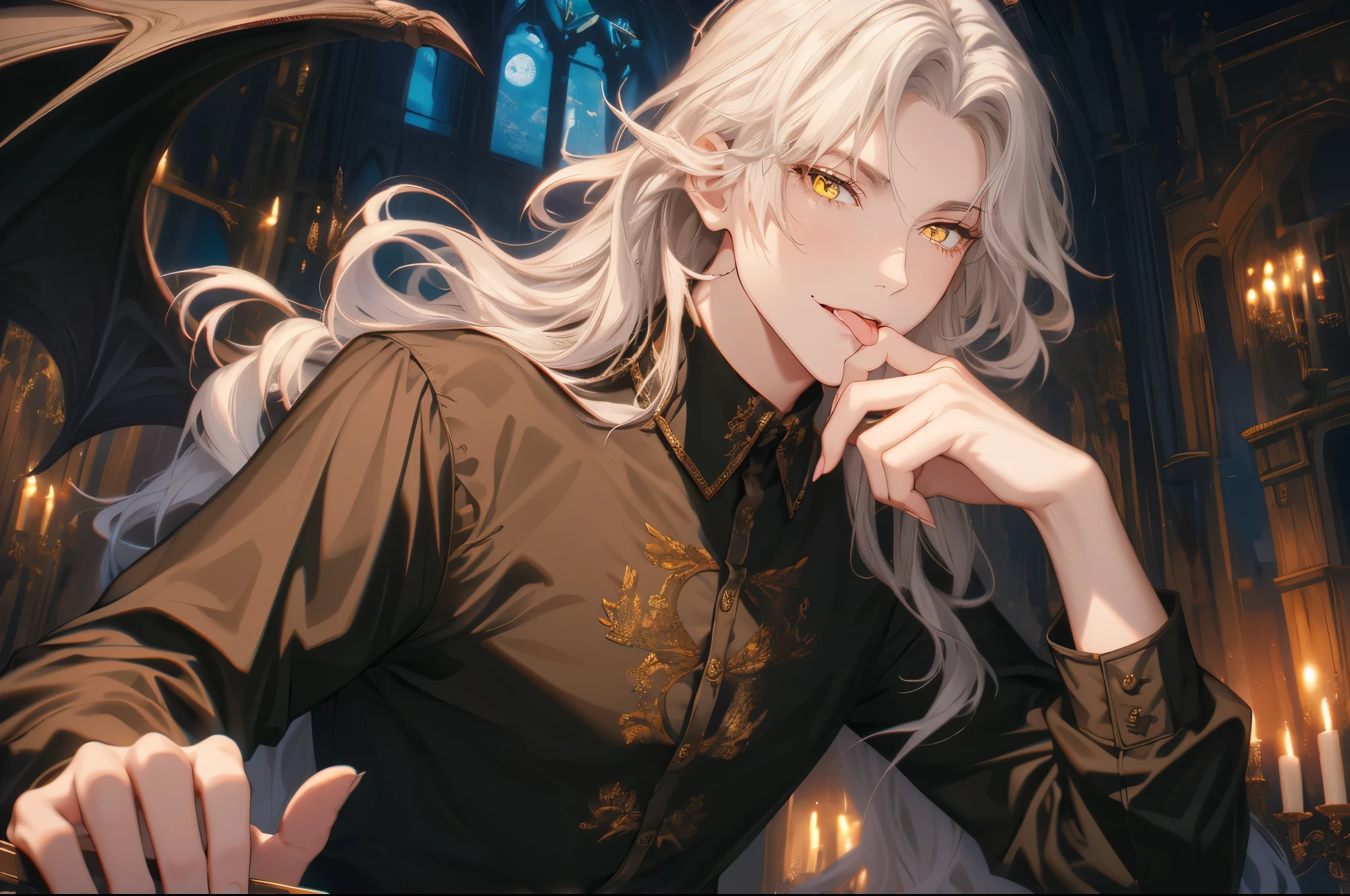 Japanese animation,Beautiful young man, white hair, yellow eyes, long hair, hair arrangement, slit sharp eyes, frilly stand-up collar, black thin ribbons, Tongue licking, put your hand on your chin, gothic palace in the background