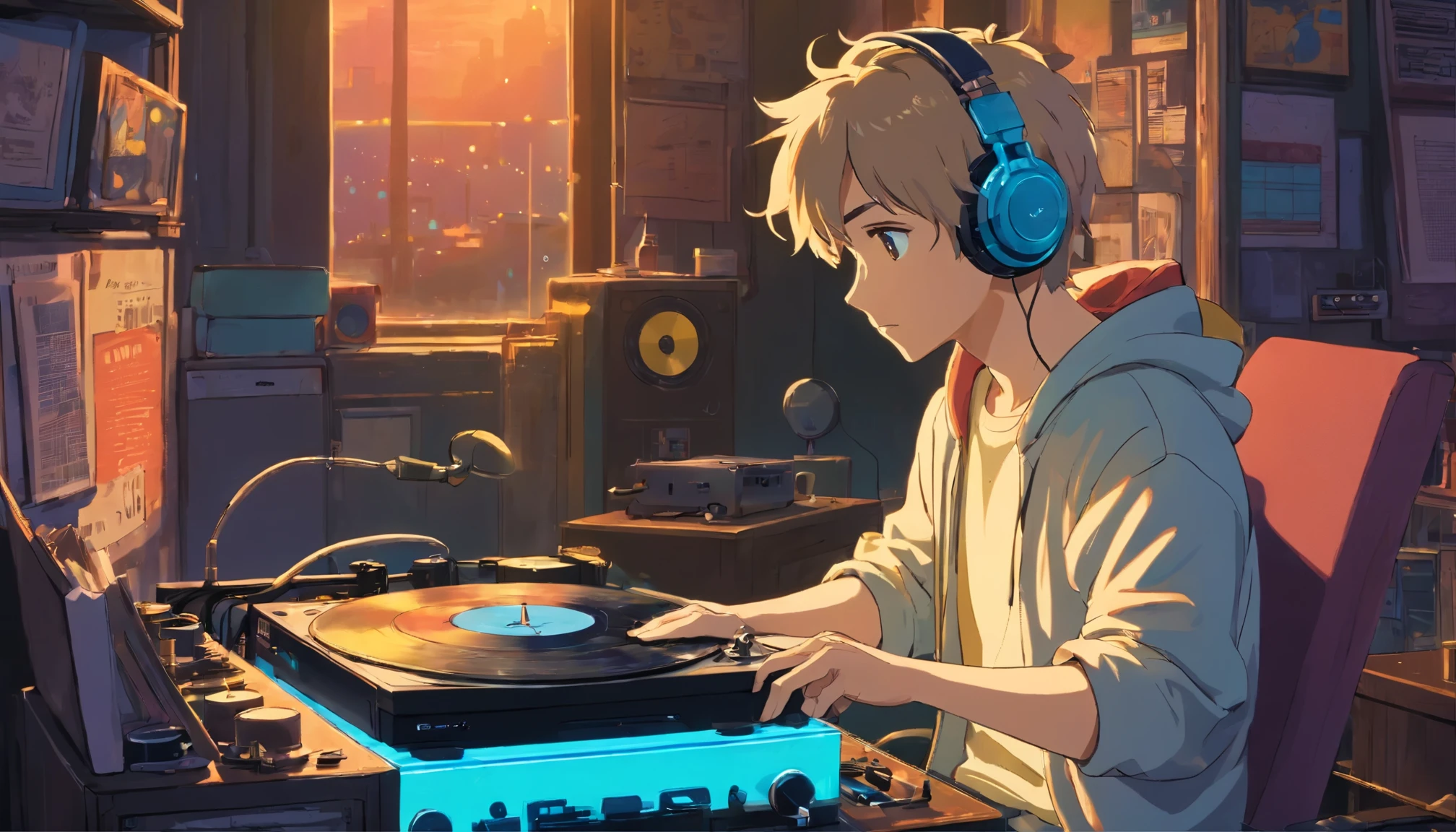 Photo of a man wearing headphones and operating a record player, Super detailed, Vintage Wave, cyber punk, Sad atmosphere, bright light from the window, nightのシーン, 1 bedroom, 2D, wide shot, (noise from film), Old cartoons, (Many records: 1.3), vinyl record store, (masterpiece, very high quality, very high quality, official art, beautiful and aesthetic: 1.2), (very detailed, (fractal art: 1.4 ), (notebook: 1.4), (Lo-Fi Hip Hop), Side view, Old anime textures, alone, speakers, cyber punk, vinyl, night