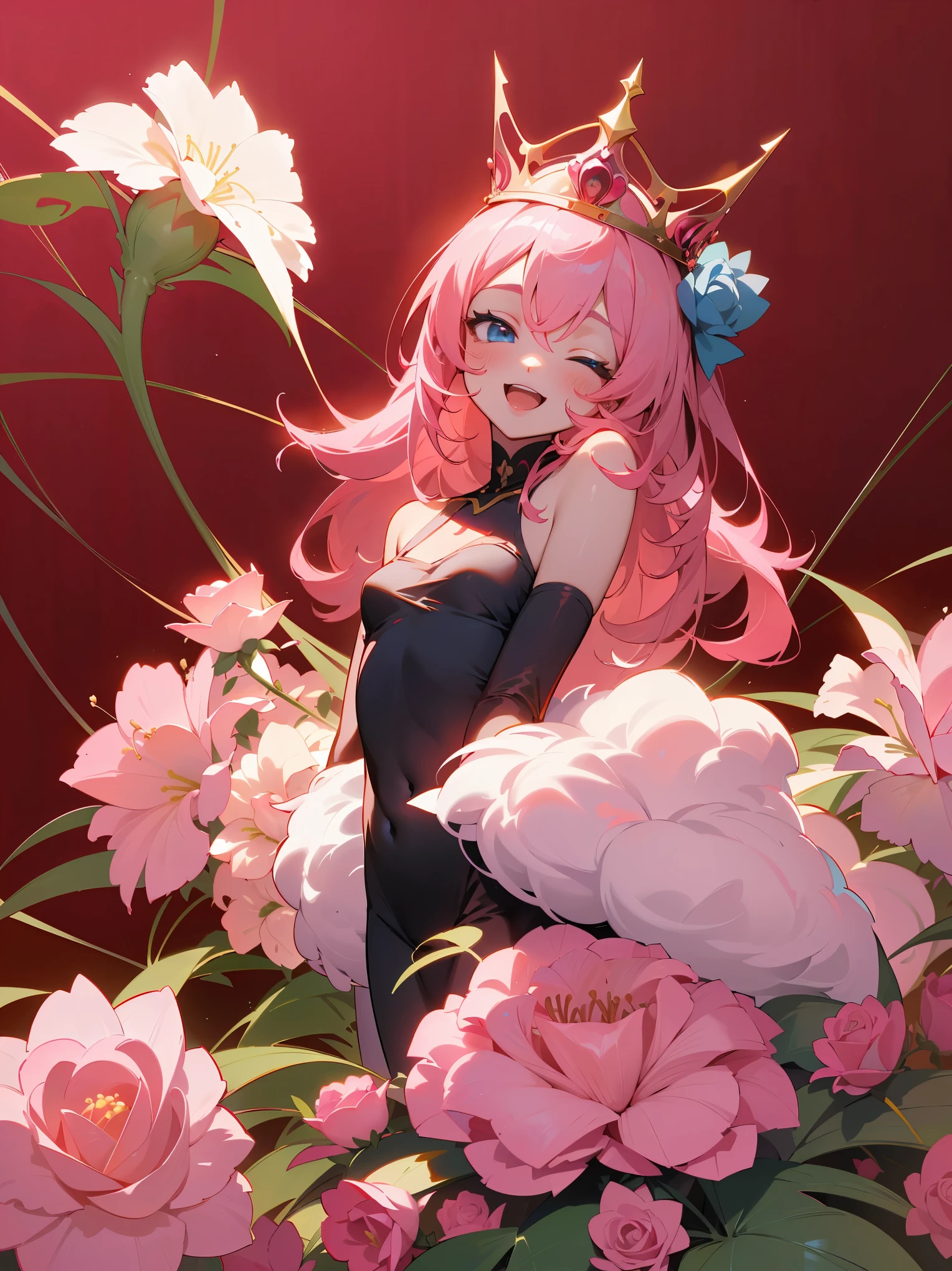 (best quality,4k,highres,masterpiece:1.2),ultra-detailed, (((pink hair))), ((anime girl with pink hair and a crown surrounded by pink roses)), red eyes, off shoulders, solo, smile, open mouth, light blush, blue eyes, wink, one eye closed, slender body, small breasts, hand on another's cheek, smile, blue eyes, animesque,Rose Garden, highly stylized ultrarealistic illustration,  (a cluster amaryllis field background, red background), 