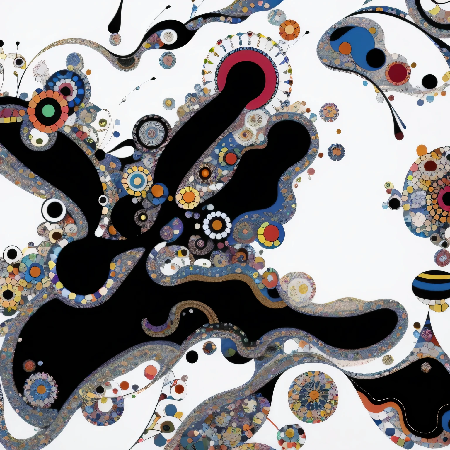 a close up of a painting of a person with a guitar, fred tomaselli, inspired by Kagaku Murakami, intricate automatism, the flow of time. complex shapes, shusei nagaoka, takashi murakami art style, illustrative and abstract, takashi murakami artwork, by Kagaku Murakami, by Taro Okamoto