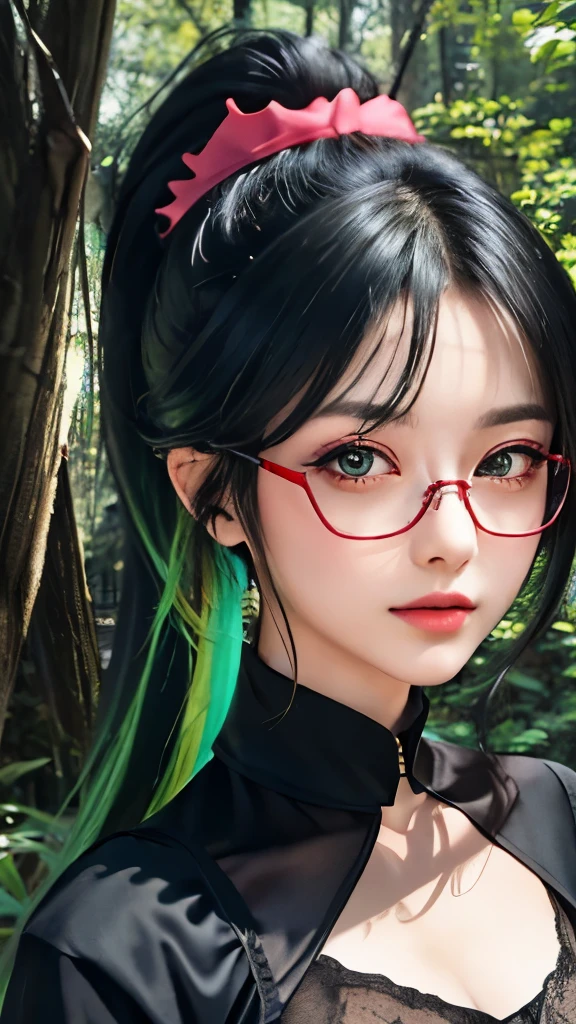 masterpiece, best quality, ultra high resolution, Fluorescent color,, 1 girl, looking at the audience, pretty face, beautiful eyes, (black silk clothes: 1.2), Looked up, Upper body, forest, Shiny black hair and green hair, Long ponytail，light green eyes，red glasses，shiny skin, Glow emission cutting, Chibi, Finger proportions are coordinated