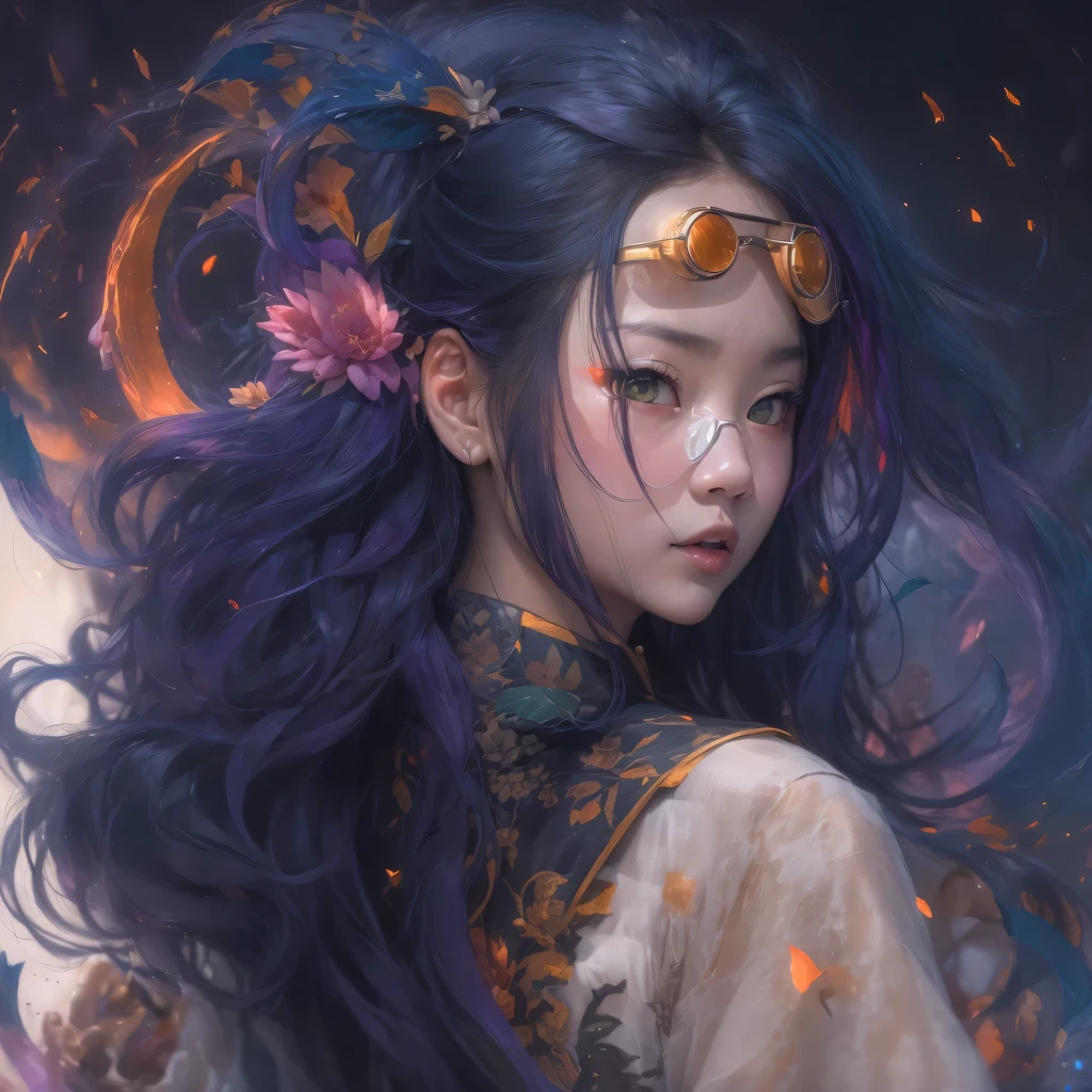 2679 Cyberpunk Year(masterpiece,HD,超HD,32k lotus root starch)Bright purple flowing hair,autumn pond, lotus root starch color, Asian (Michiko), (silk scarf), fighting stance, looking at the colorful balloons, Orange gradient long hair, ((Thick frame reflective jade windproof goggles))Floating bright purple, Fire cloud gold headdress, Chinese long-sleeved gold silk garment, (Abstract ink splash:1.2),mars background,lotus(realistically:1.4),bright purple hair,Smoke on the road,The background is very ivory、pure, high resolution, Detailed wind protection goggles, RAW photos lotus root starch, Sharp Re, Nikon D850 film photo by Jefferies Lee 4 Kodak Portra 400 camera F1.6 guns, rich and colorful, Super real、Vivid texture, dramatic lighting, Unreal Engine Art Station Trend, Silicon Nest 800