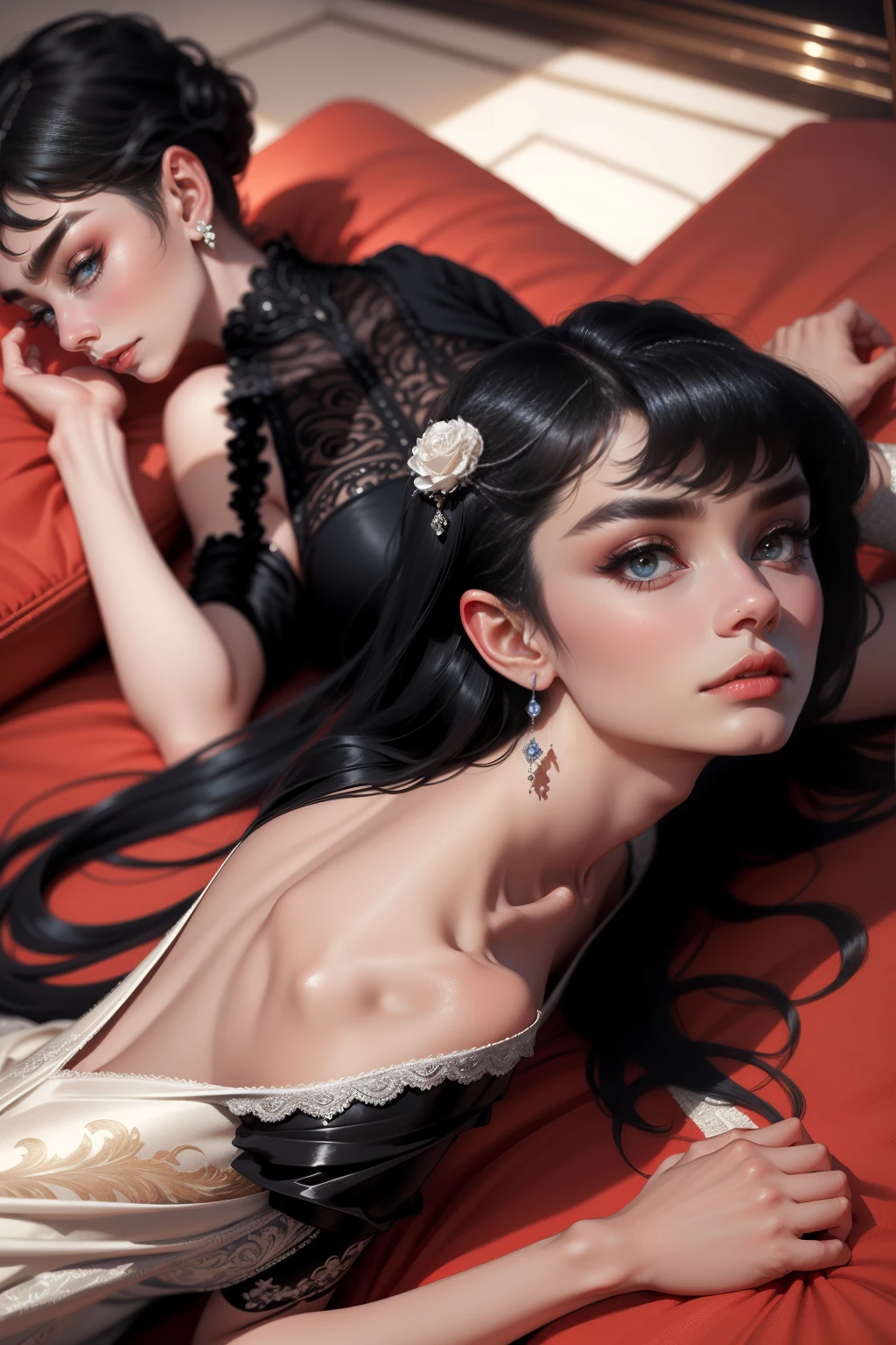 (Masterpiece - Ultra-Detailed, High Resolution) Prepare to be enchanted by a true masterpiece that combines ultra-detailed art with high-resolution rendering. This work shows a mesmerizing woman, with short, black hair, 1928s style,  Audrey Hepburn (1.3) and captivating dark brown eyes (1.2), New York illustration style, wearing red lipstick, emanating an aura of elegance and mystery. Wearing classic victorian dress 1928s clothing.  Intricate details and realistic textures invite you to explore every aspect of this enchanting composition. Black dress. reading, writing, walking, backwards, lying down, standing, dynamic poses, mouth closed. Different posture , dynamic poses, mouth closed. Different posture, with chin resting on shoulder. Perfect fingers. Get ready to dive into a world where beauty and craftsmanship merge perfectly.
