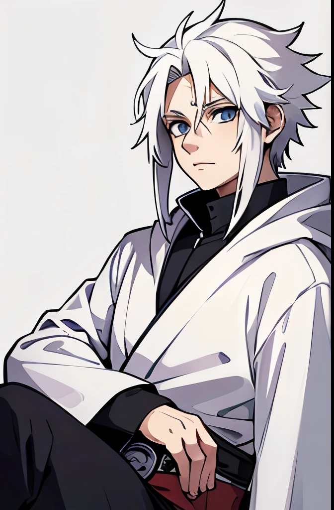  male character with white hair, white cloak, naruto art style