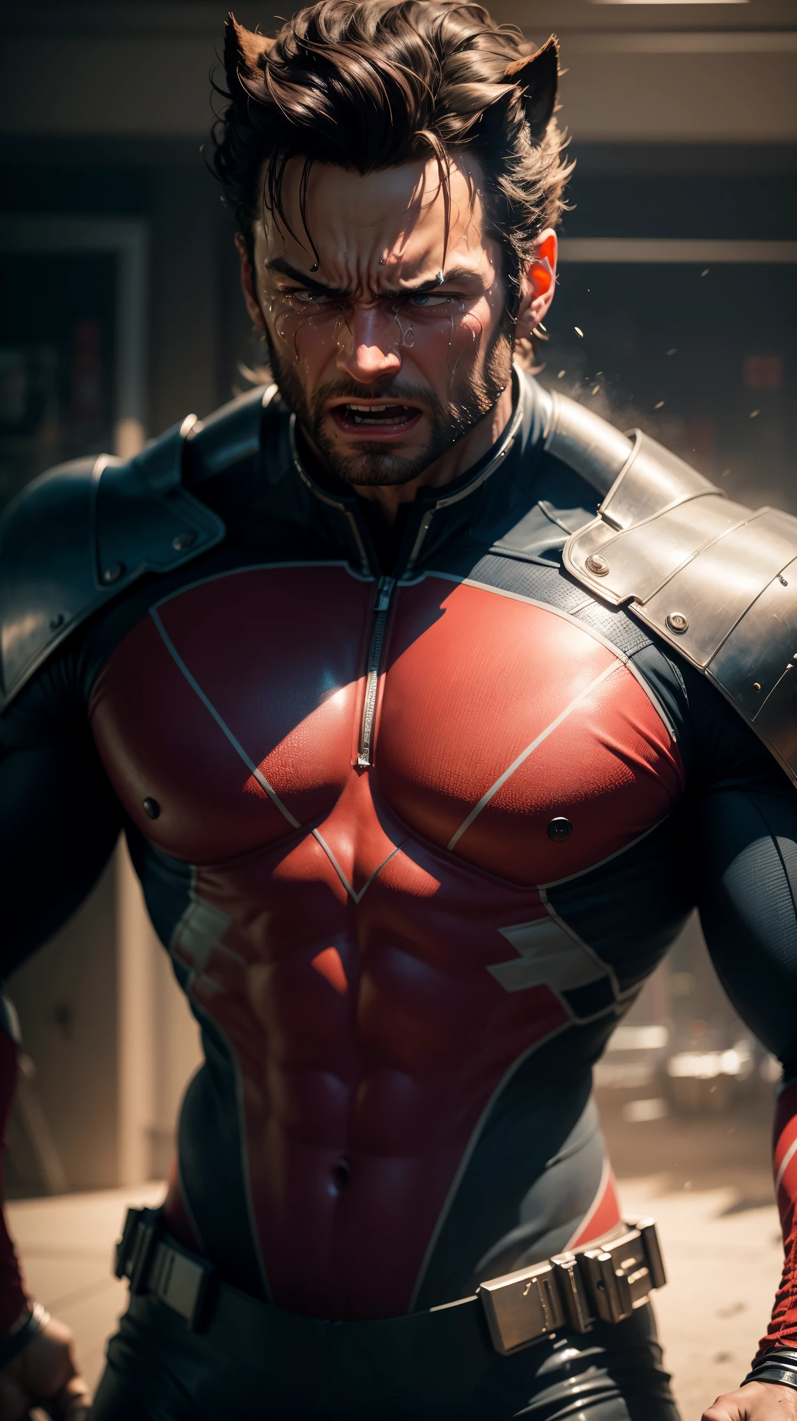 Wolverine is crying loudly, his suit is oversized, masterpiece, cinematic, Extremely realistic, Extremely detailed, UHD, 8K, funny, cheerful color, best view, best light.
