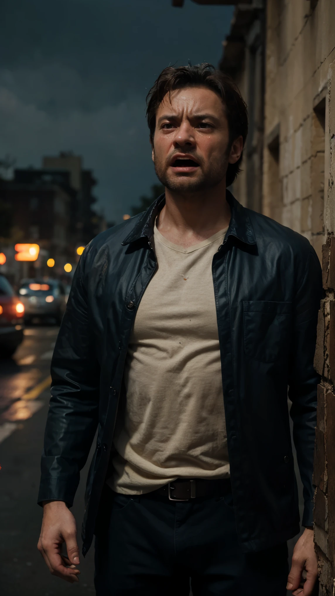 Wolverine is crying loudly, his suit is oversized, masterpiece, cinematic, Extremely realistic, Extremely detailed, UHD, 8K, funny, cheerful color, best view, best light.