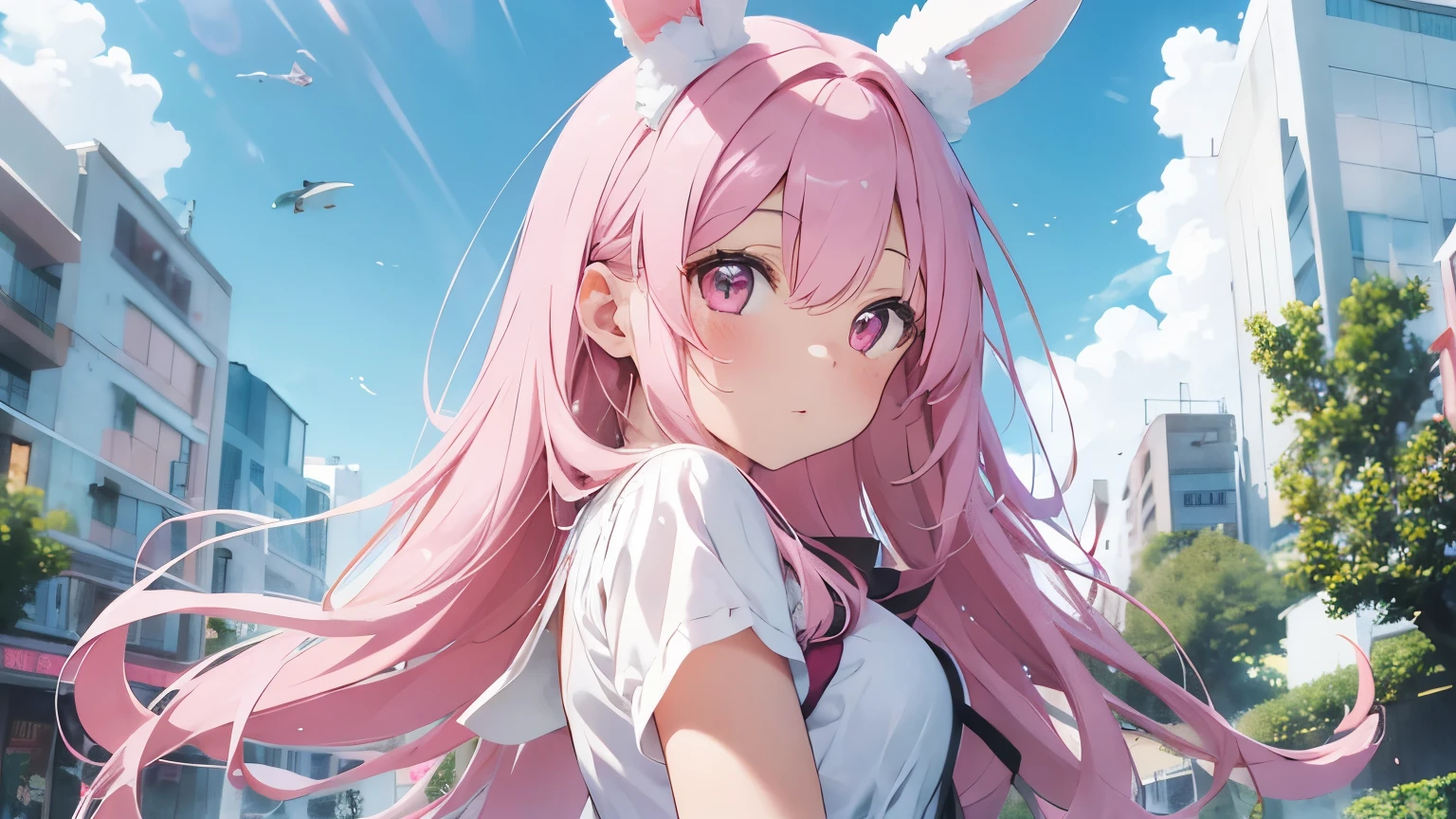 fluffy rabbit ears, pink long hair,beautiful illustrations, highest quality, pretty girl, pastel colour, pale pink eyes,aquarium,date,a dolphin
