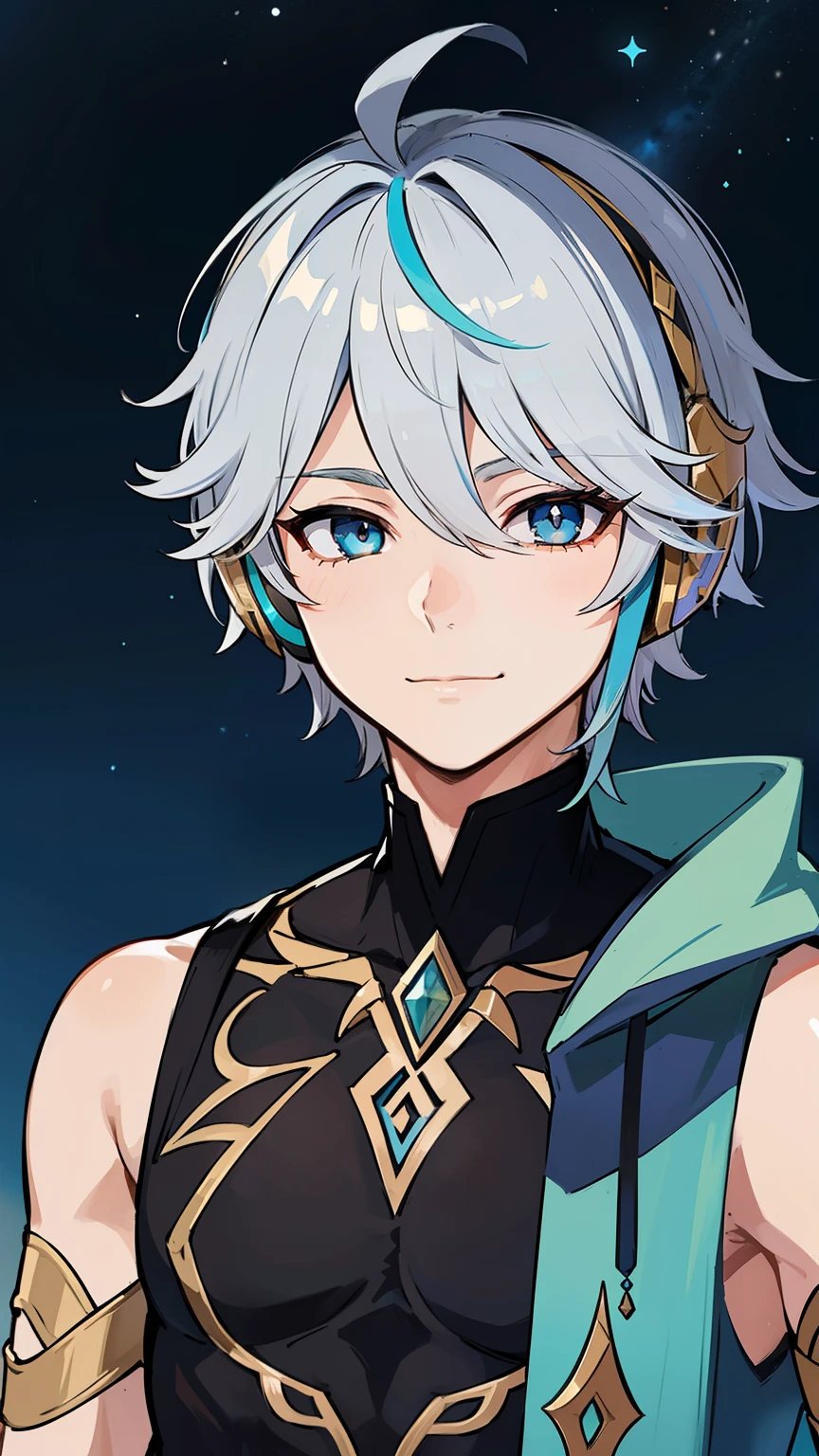 (high-quality, breathtaking),(expressive eyes, perfect face) 1boy, male, solo, young adult, short hair length, blue eye color, white hair, multicolored hair, blonde streaks in hair, blue streaks in hair,blue highlights in hair, black sleeveless loose shirt, cloak, black gloves, warm smile, happy expression, night time background, starry night, nature background, headphones, Alhaitham character, Alhaitham Genshin Impact, heart emoji, God of Stars, Masculine Face, cute face
