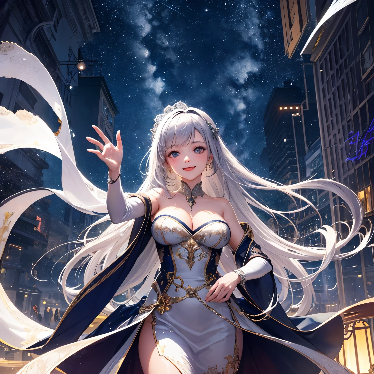 (Masterpiece, top quality, highest quality, beautiful and aesthetic: 1.2),
(1 girl), very detailed, colorful, most detailed
(HDR), (Wallpaper), (Cinematic Lighting), (Sharp Focus)
Perfect face, ZRPG style, woman floating in the night sky,
facing forward, smiling (smiling expression: 1.2),
elbows slightly bent, arms outstretched, palms facing towards you ,
(Shining silver long hair: 1.2), Shining pure white dress,
not big breasts, sparkling, fantastic night,
shining dazzling seven-colored lights covering the background, backlighting