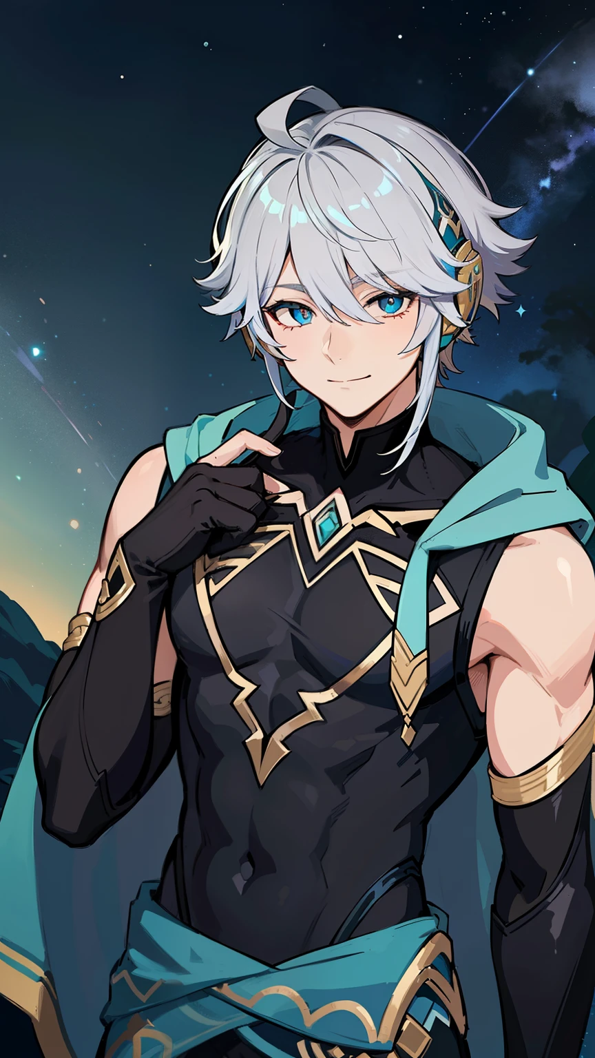 (high-quality, breathtaking),(expressive eyes, perfect face) 1boy, male, solo, young adult, short hair length, blue eye color, white hair, multicolored hair, blonde streaks in hair, blue streaks in hair,blue highlights in hair, black sleeveless loose shirt, Jacket cloak, black gloves, warm smile, happy expression, night time background, starry night, nature background, headphones, Alhaitham character, Alhaitham Genshin Impact, heart emoji, God of Stars, Masculine Face, cute face