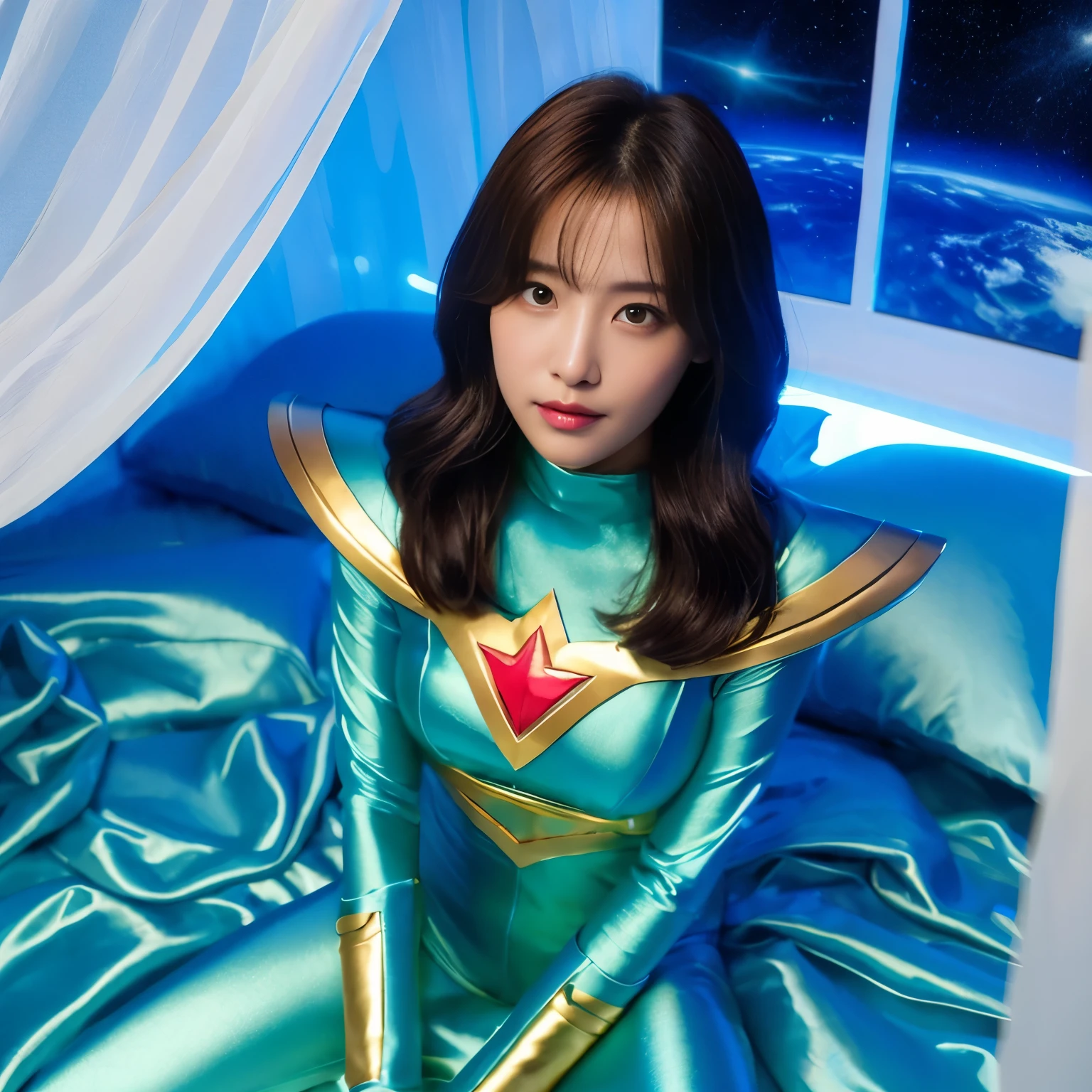 best image quality、Super high resolution、(realism:1.4)、Korean beauty star、The most beautiful KPOP star、face、Horny Korean makeup、erotic expression、A body that makes you want to touch it、Erotic photos、Realistic satin fabric texture、Costume made of stretch satin fabric that is smooth to the touch、The drape of the curved part of the satin fabric、Strong luster of costume、costume quality、8K photo quality、Costume made of high-quality satin fabric with high density、Super-class battle leather cloak with a smooth texture、Super Sentai Women's Heroine Suit、Super-class battleship shiny costumes、Texture of costumes that satin fetishists respond to、Thin, glossy stretch satin fabric、