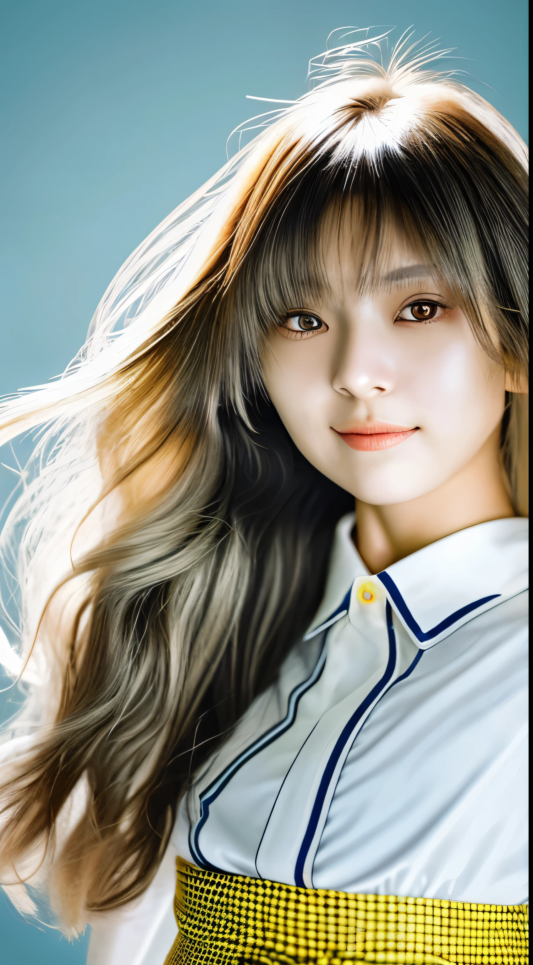 Beautiful Japan woman, nice perfect face with soft skin, small face with nose and rose-like lips, beautiful eyes, beautiful smile. Black, thin and long beautiful hair bathed in a bright etheric shine. Gradient highlight greige layer loose fluffy medium hairstyle, navy band collar shirt× houndstooth yellow flared skirt, bright neon colorful background, super realistic woman photo, high quality High Resolution 8K masterpiece